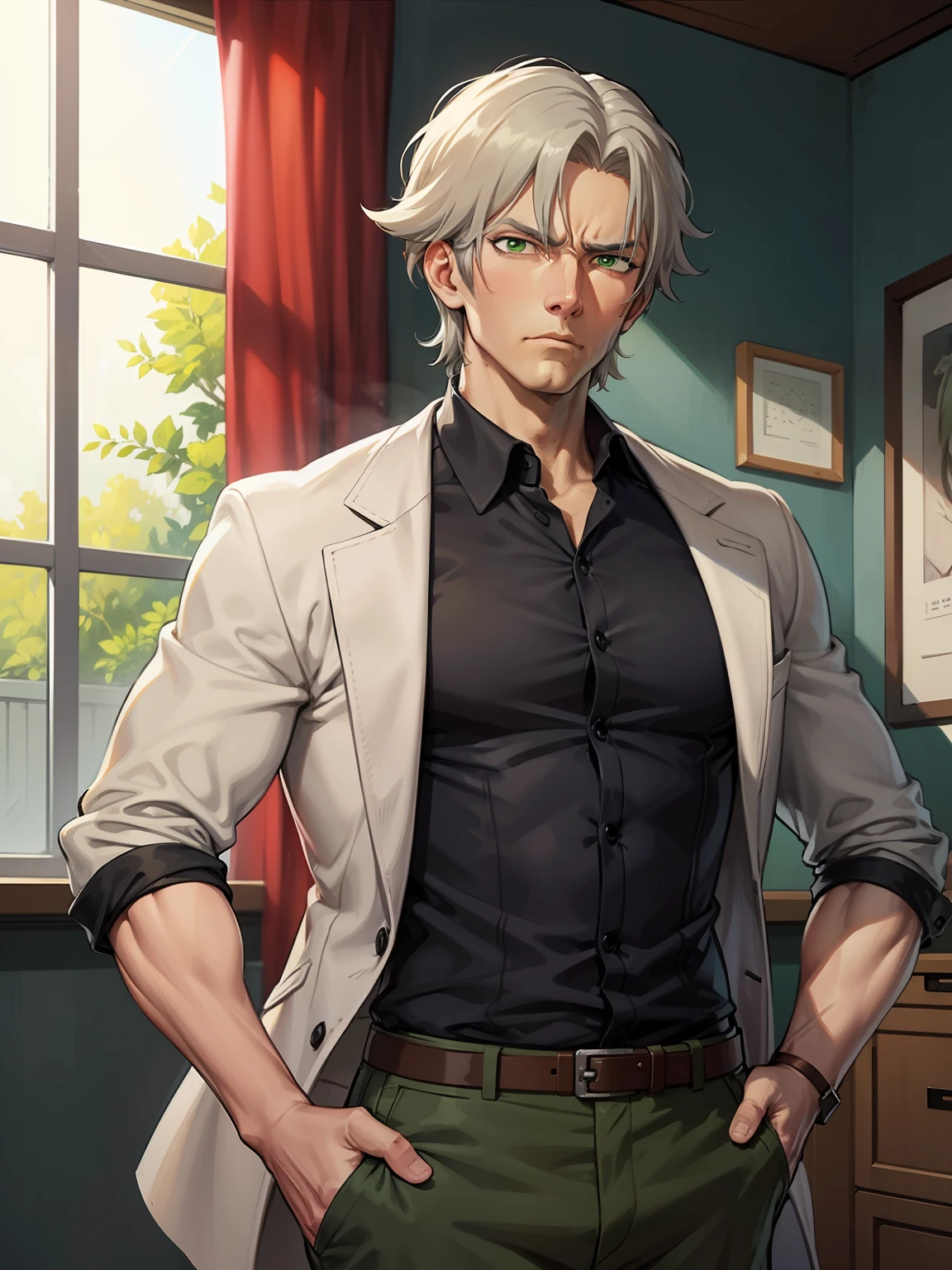 British old man detective with a fit and tall figure, olive skin, grey hair, green eyes, and a serious face, portrayed in high-detail anime style.