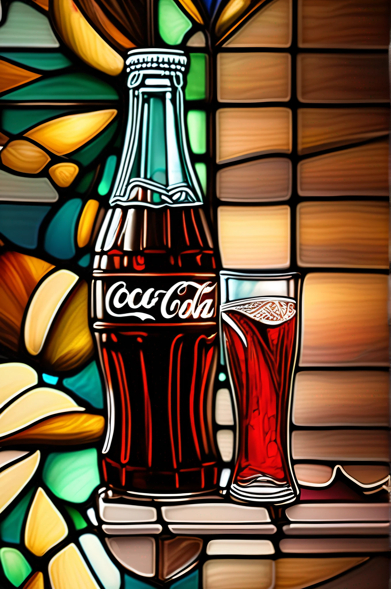 a stained glass painting of a coca cola bottle pouring cola in a coca cola glass in the style of classic coca cola bottle::1.5 and stained glass effects::1, beautiful composition, glowing glass