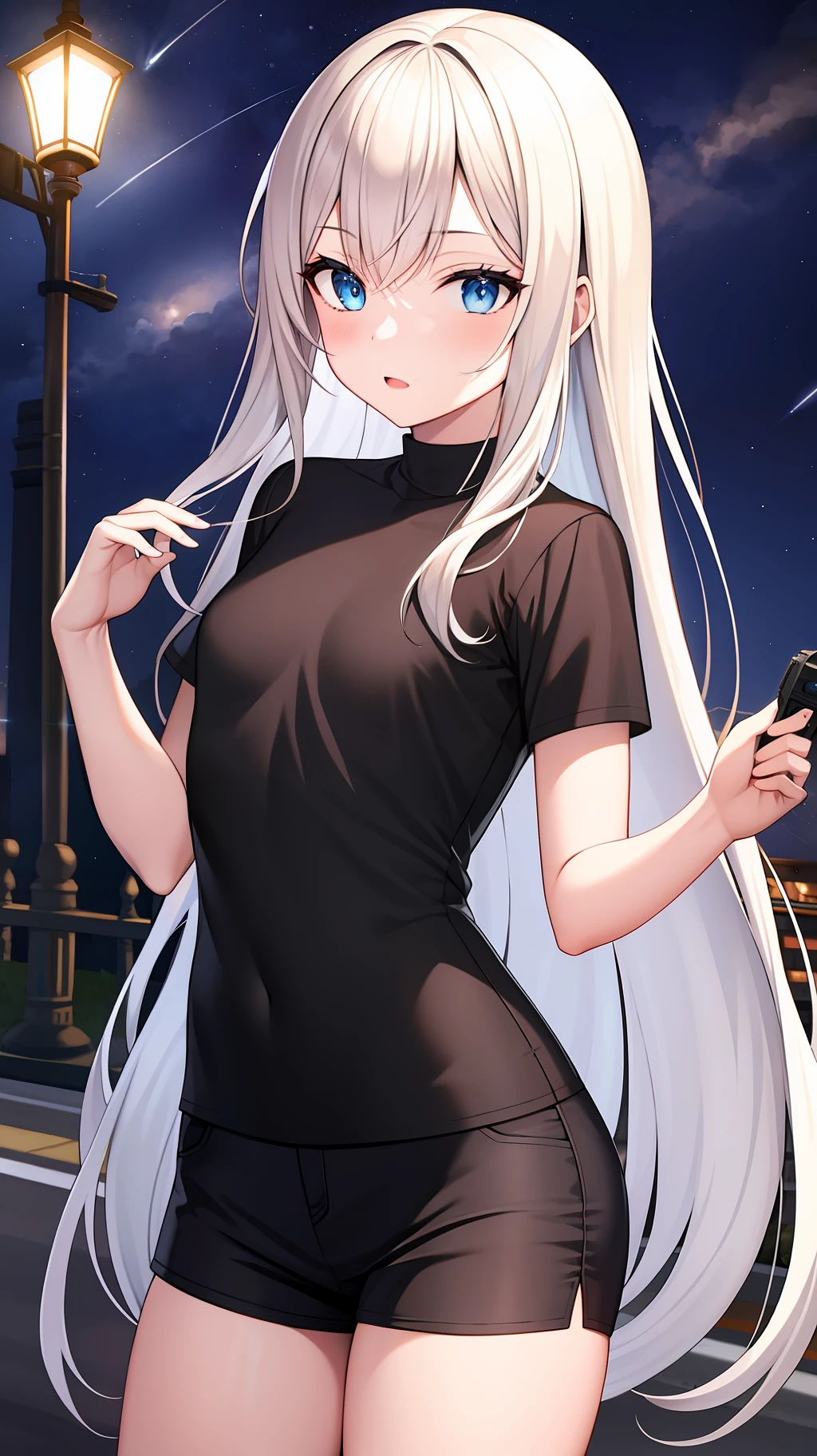 Best quality, highres 5, masterpiece, 1girl, white long hair, blue eyes, perfect body, black shirt, black shorts, street at night, shooting stars, small breasts,