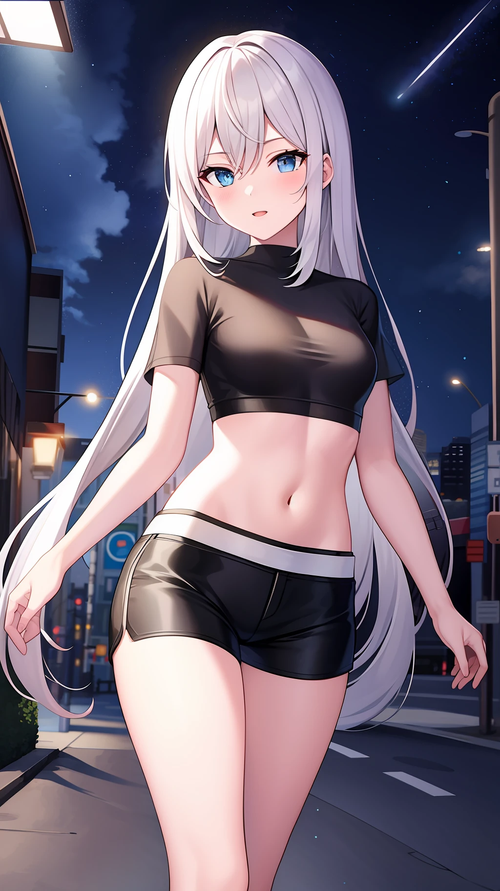 Best quality, highres 5, masterpiece, 1girl, white long hair, blue eyes, perfect body, black shirt, black shorts, street at night, shooting stars, small breasts,