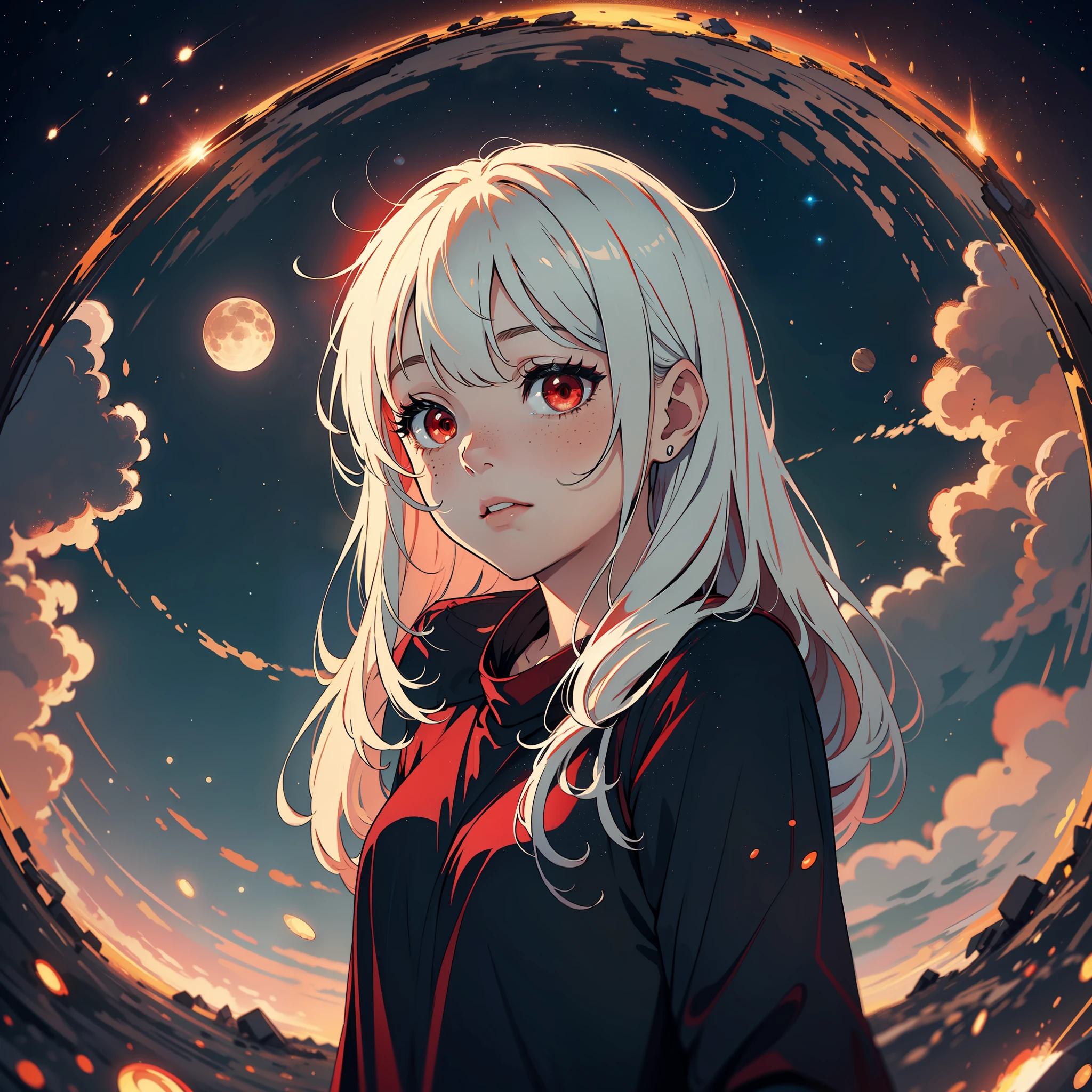 cinematic dark lighting,landscape Saturn and PSR B1620-26b in Earth's sky, stars planets a little transparent,all bright planets, night weather, 1 girl,cheerful,masterpiece,(red eyes:1.5),(long white hair loose andulated1.8), anime, looking at the skies, perception of living longer, color, young child, freckles, black casual clothes, calm pose, landscape perception