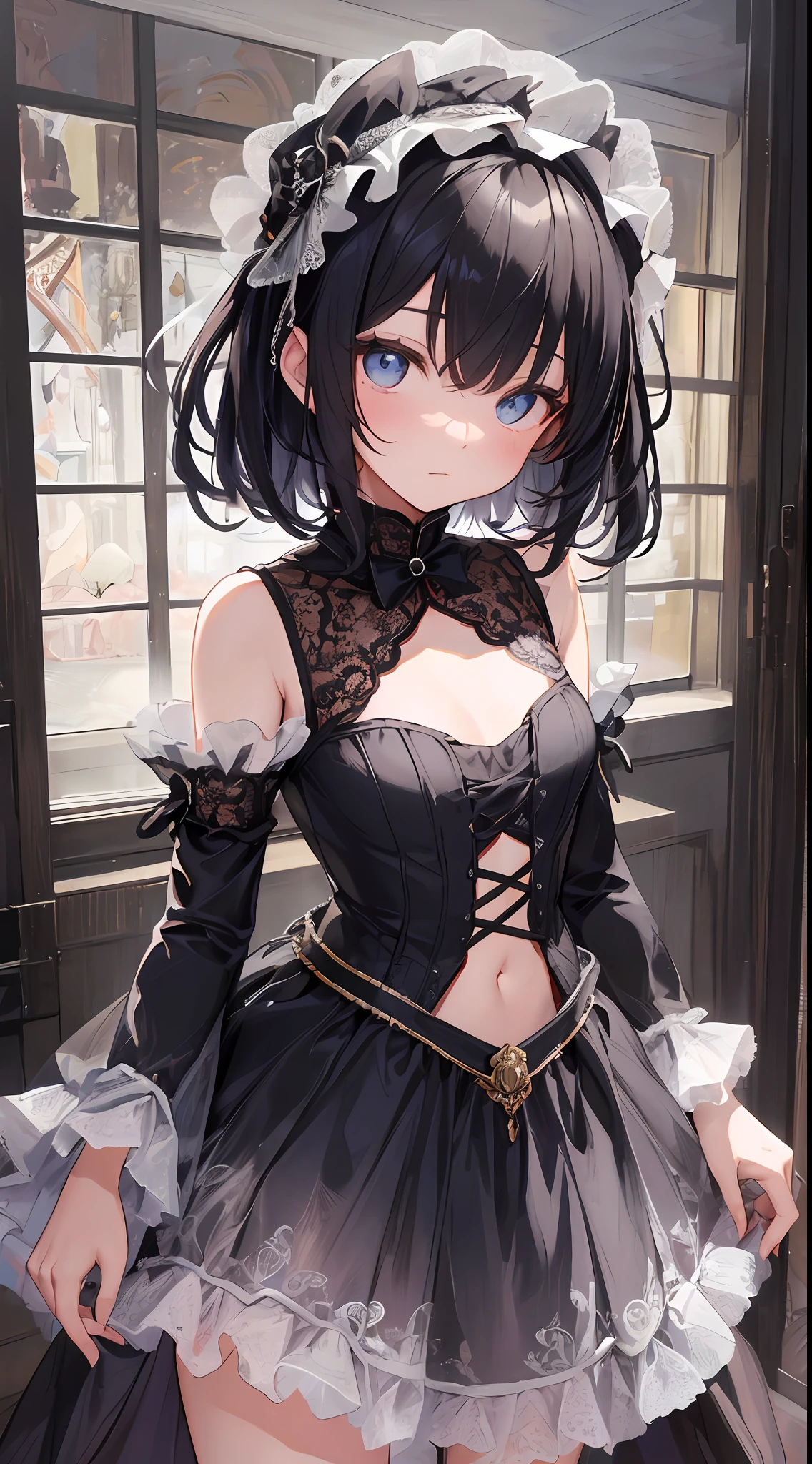 "There is a six-year-old Japan girl who shines a ray of light into a dimly lit room and has a strong presence in it. His face is as pure and pure as a spirit.

Her small body is in good immature but healthy shape at the age of six. Secretly harboring potential for the future, this figure spreads out in its chest and speaks to the world.

The outfit chosen by her is a miniature reproduction of Gothic Lolita fashion. The navel and silk dress, which contrasts bright black and white, is adorned with delicate lace and ribbons to further enhance her dainty.

Her skin is crystal clear white, and its transparency emphasizes her purity and anticipation for the future. Her big eyes are as quiet and deep as a lake, and her gaze is full of innocence and curiosity.

Her presence radiates a charm that no one in the room can take their eyes off of. Her innocence and great potential for the future make her special.

In this work, the transparency of the girl, the texture of her clothes, the composition in which she comes forward, all of these are delicately depicted in detail. I would say masterpiece of the best."