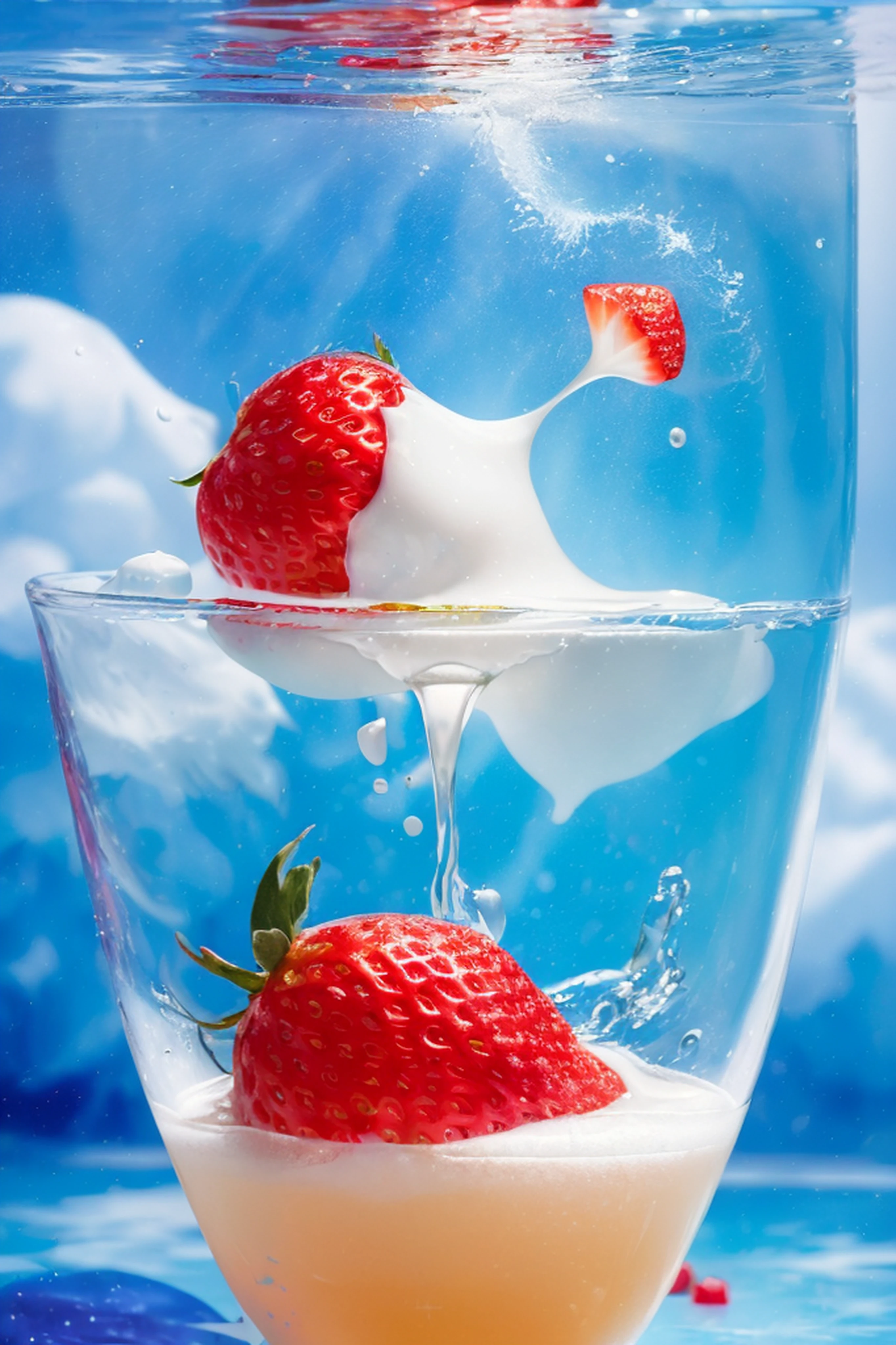 (Magical Photo:1.3) of (Realistic:1.3),(Energetic:1.3) product photography of a strawberries falling into a glass of milk, splash, intricate, epic,(by Artist RHADS:1.3),Highly Detailed,(Provia:1.3)