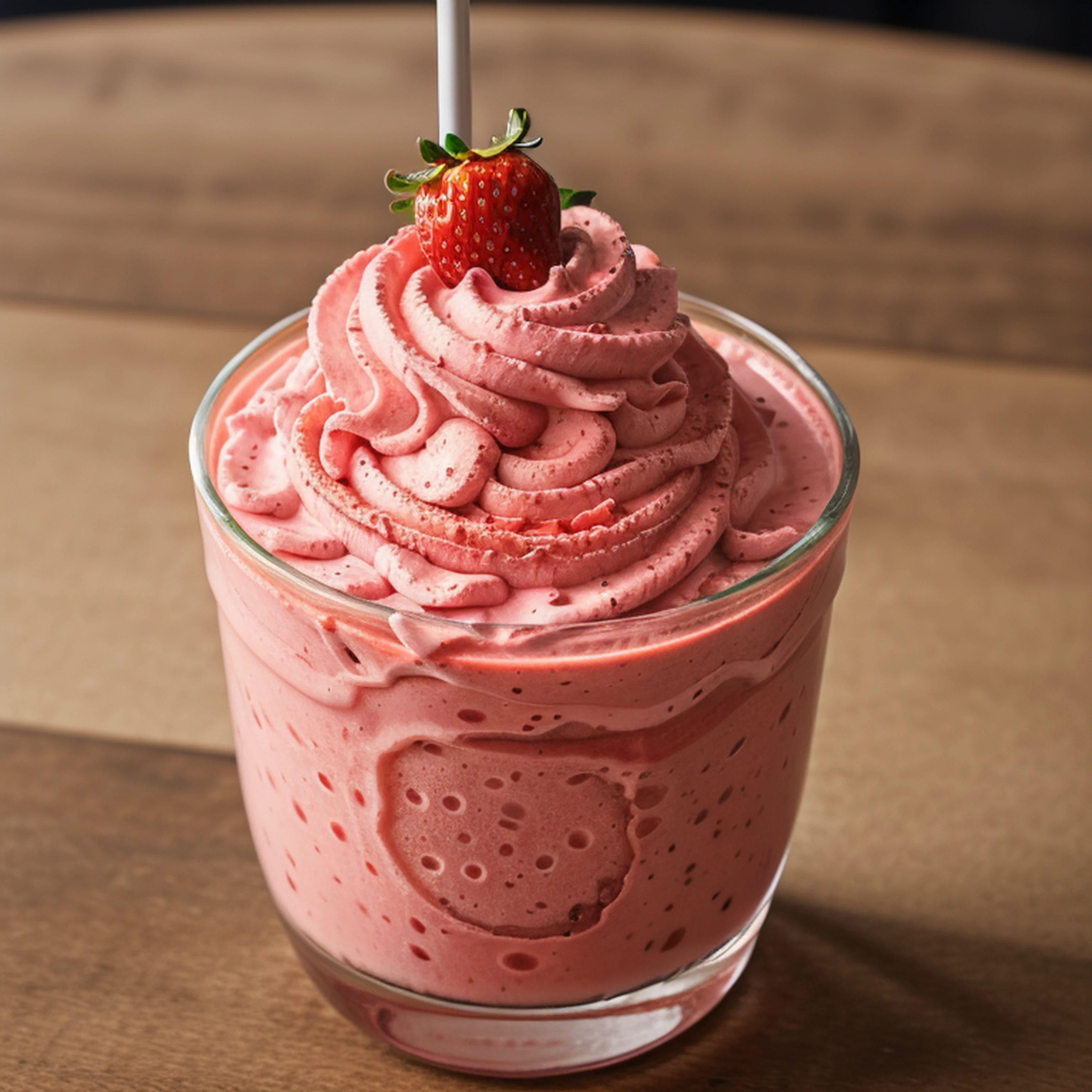 RAW photo, strawberry milkshake, foodphoto, professional colour grading, soft shadows, no contrast, clean sharp focus, foodphoto,