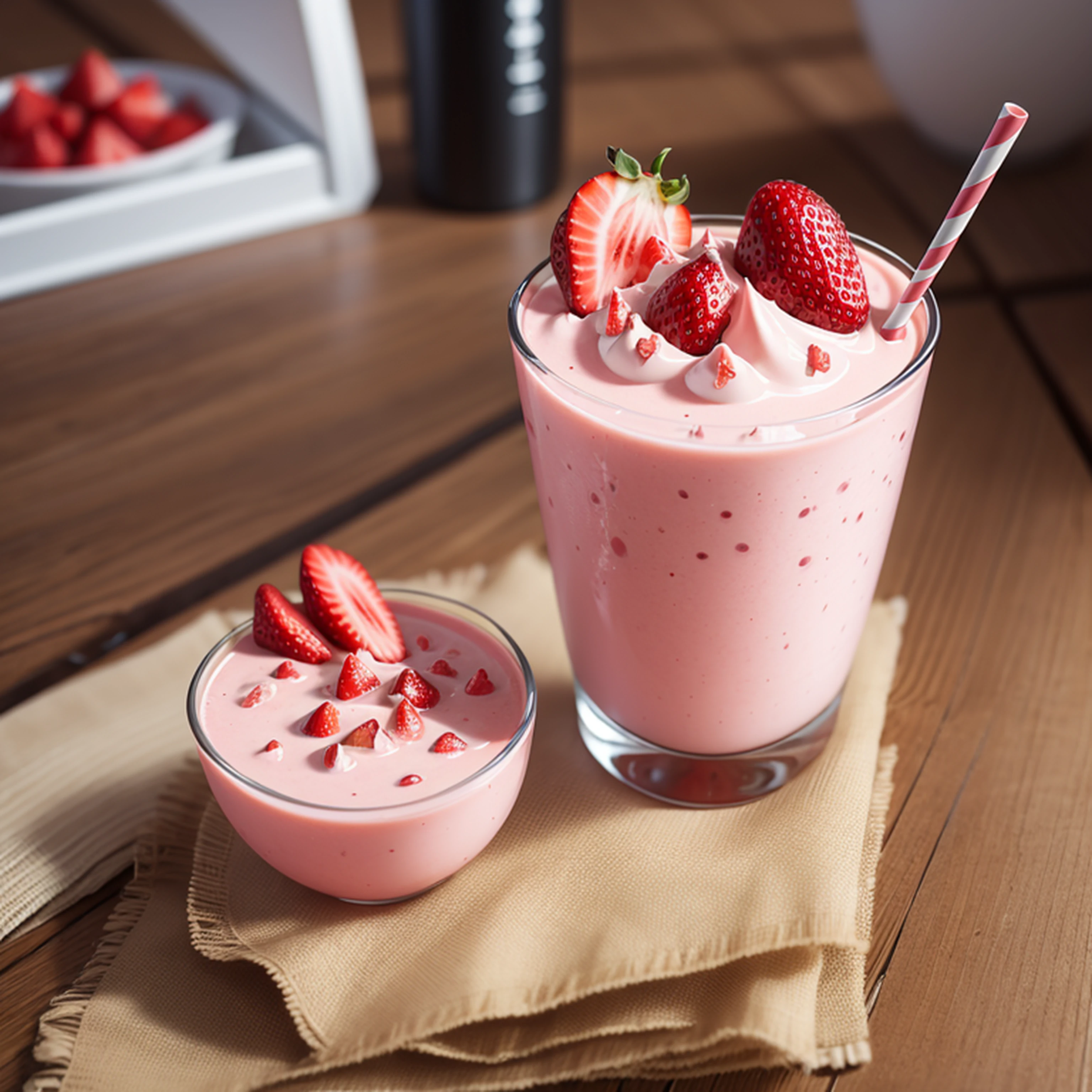 RAW photo, strawberry milkshake, foodphoto, professional colour grading, soft shadows, no contrast, clean sharp focus, foodphoto,