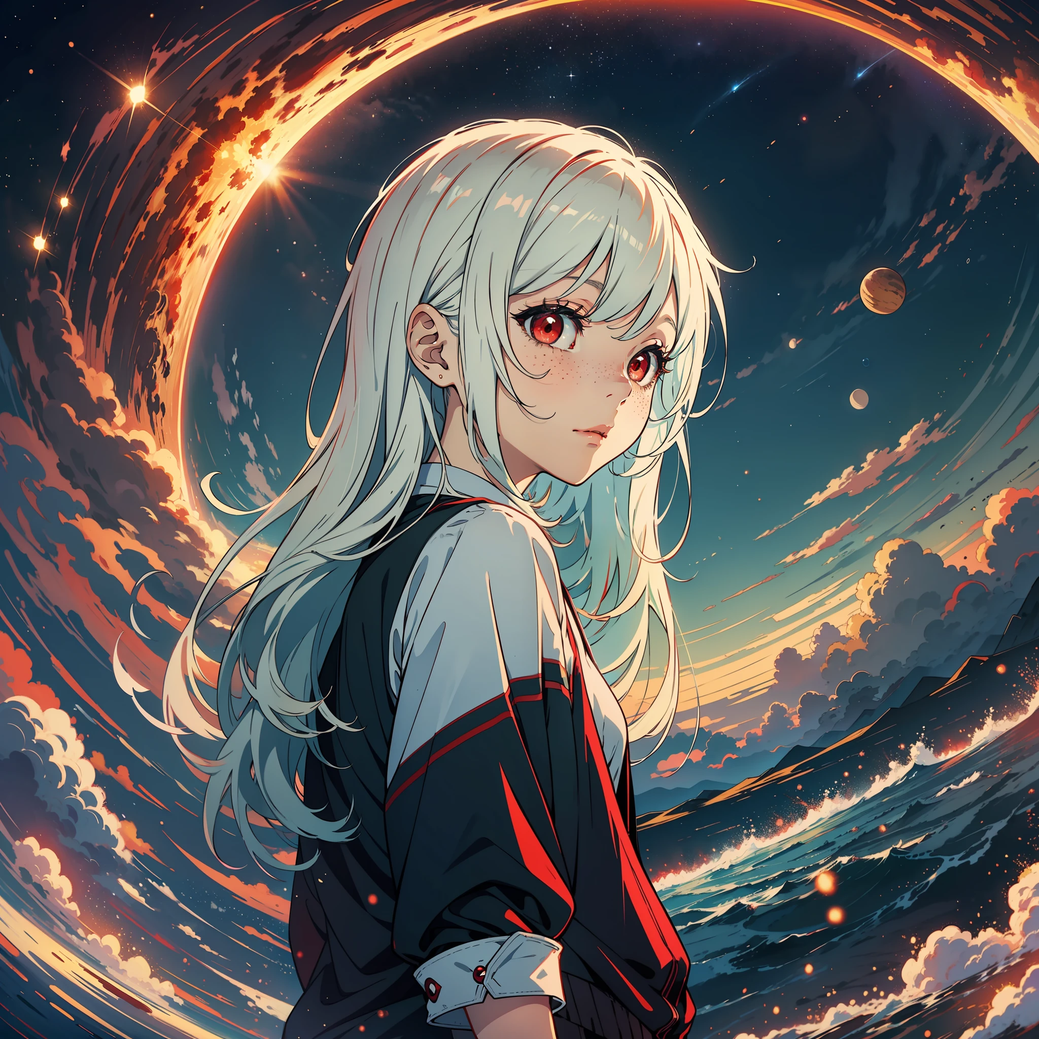 cinematic clear anime lighting,landscape Saturn and PSR B1620-26b in Earth's sky, stars planets a little transparent,all bright planets, night weather, 1 girl,cheerful,masterpiece,(red eyes:1.5),(long white hair loose andulated1.8), anime, looking at the skies, perception of living longer, color, young child, freckles, black casual clothes, calm pose, landscape perception