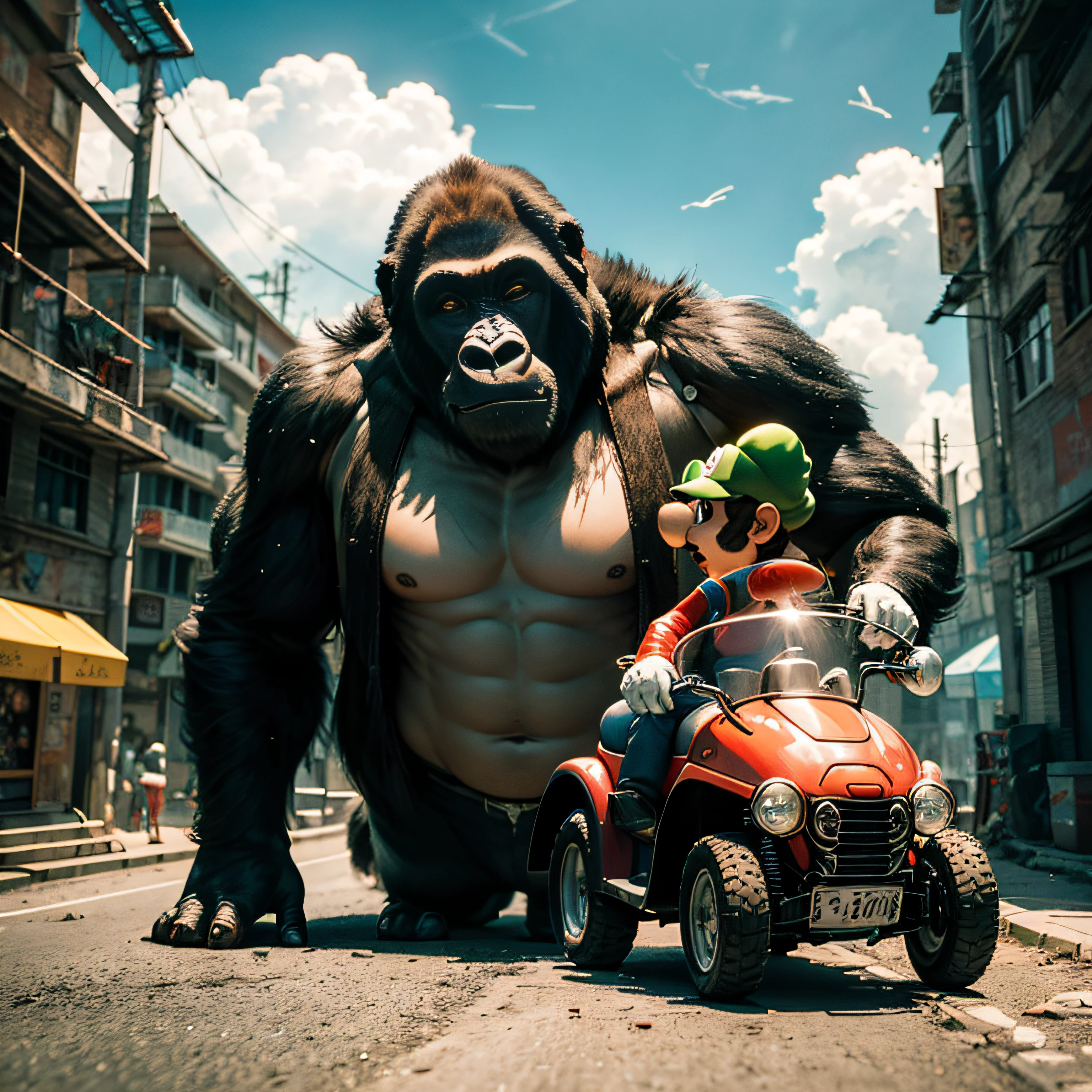 Mario and Luigi, screen of the games, with the gorilla, Ultra realistic, fidelity of the characteristics of the characters of the game, full HD, 3D, 4K --auto