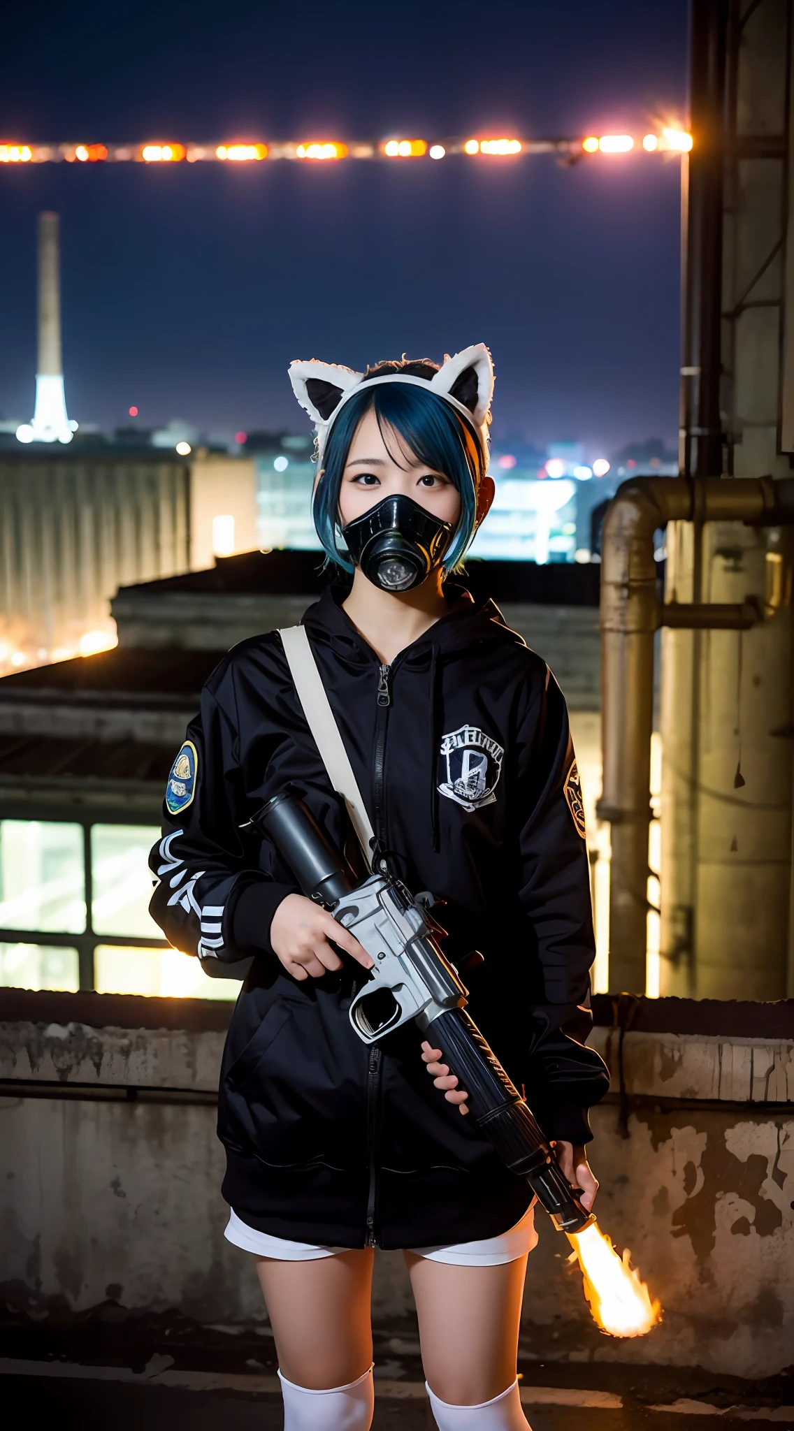 Riot, nuclear power plant on background, terrorist group, fluorescent headgear, short hair, blue hair, firing from flamethrower, middle school girl, 14 years old, gas mask, high socks, rooftop at night, city on the background is burning