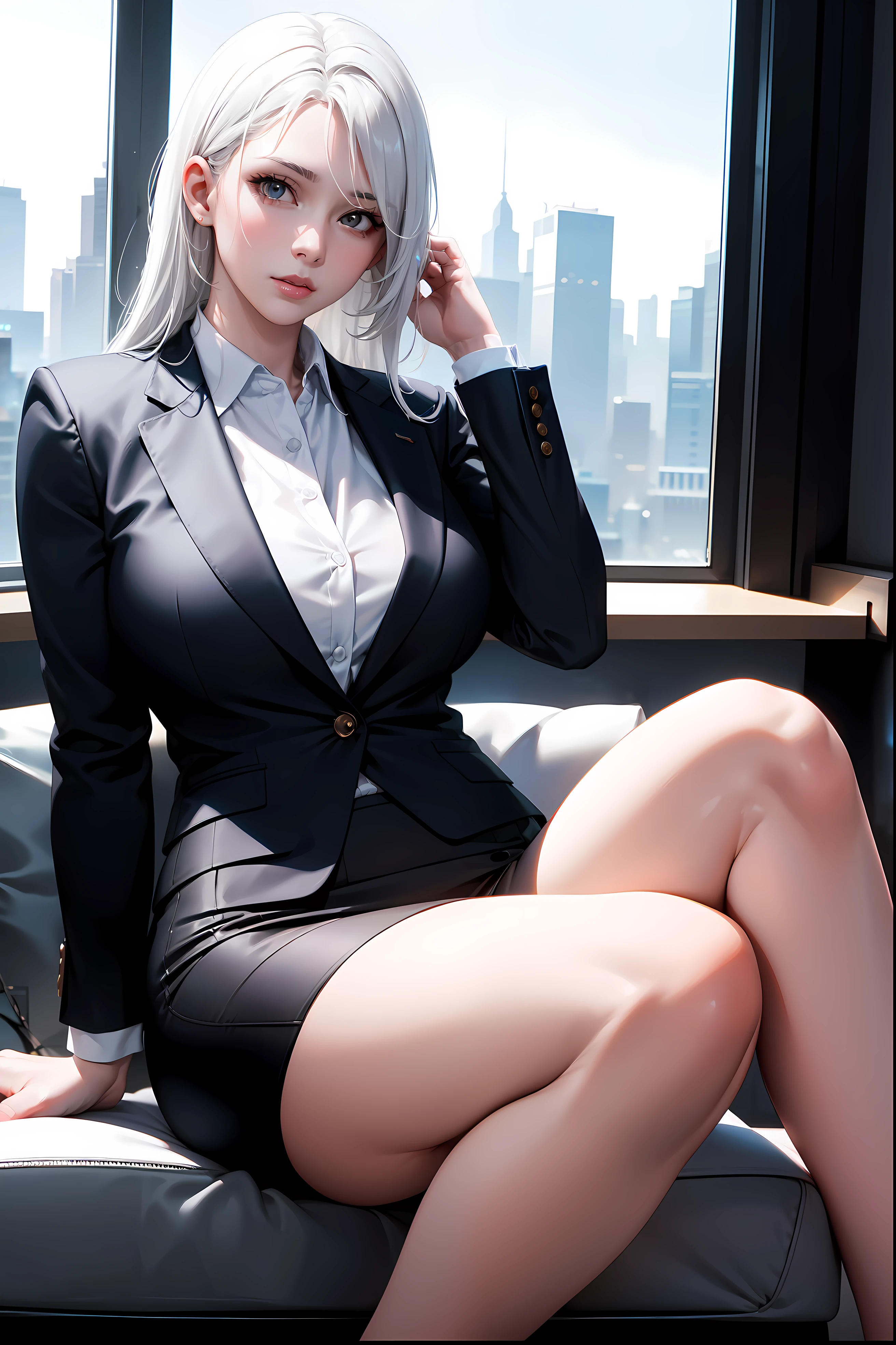 (masterpiece:1.3), (8k, photorealistic, RAW photo, best quality: 1.4), (1girl), beautiful face, (realistic face), Nice hairstyle,Realistic Eyes,Nice detail eyes,(Realistic Skin),Beautiful Skin,Ridiculous,attractive,Ultra high Resolution,an ultra realistic,RAWExtremely detailed,golden proportions,全身写真, Woman wearing business outfit, formal blazer, white blouse, high waist business skirt, beautiful, masterpiece, best quality, perfect lighting, (white hair:1.4), long hair, (grey eyes:1.2), slender build, thin, medium breasts, business woman, ceo, sitting in luxurious black office chair, giant modern window with view of nighttime cyberpunk city skyline in background, close up, night