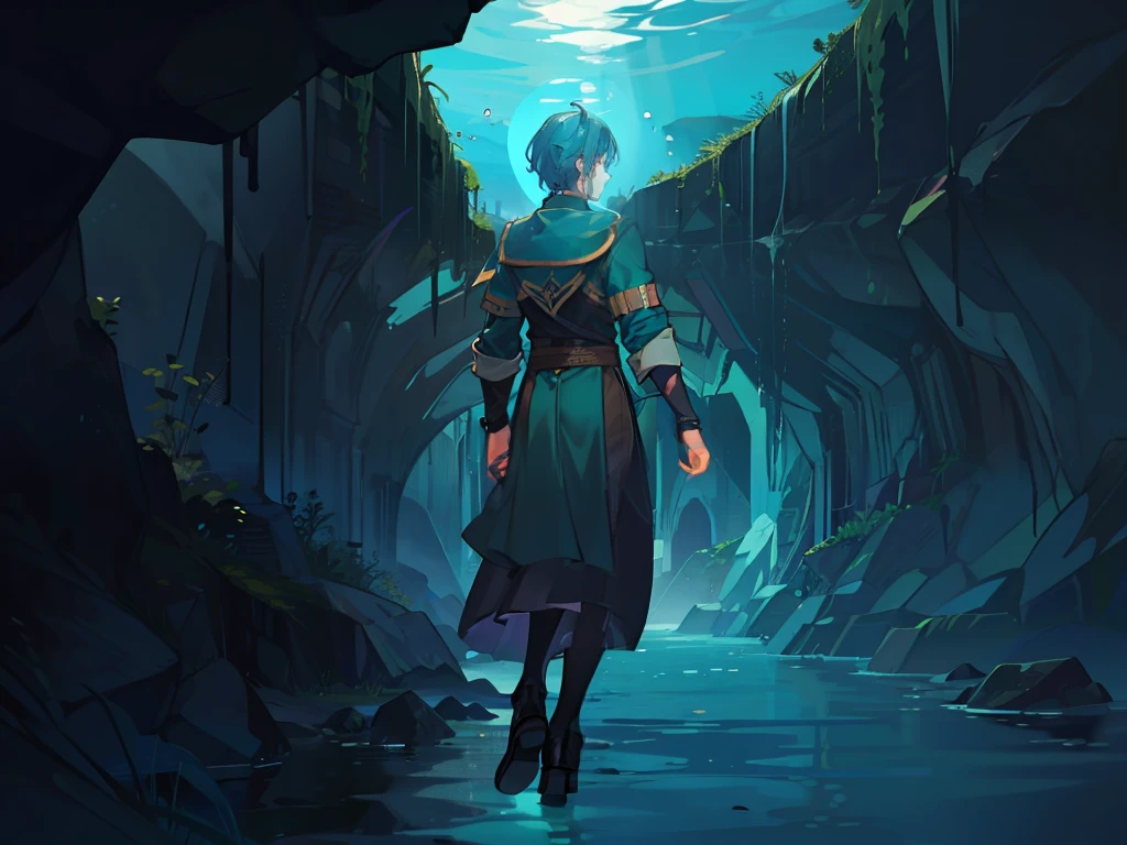 1man, male, mage, Magic bubble, hidden passage, the glow of the phosphorescent algae. the water narrows, tight and winding underwater tunnel. The walls are rough and rocky. (Masterpiece: 1.2) (Best quality: 1.3)