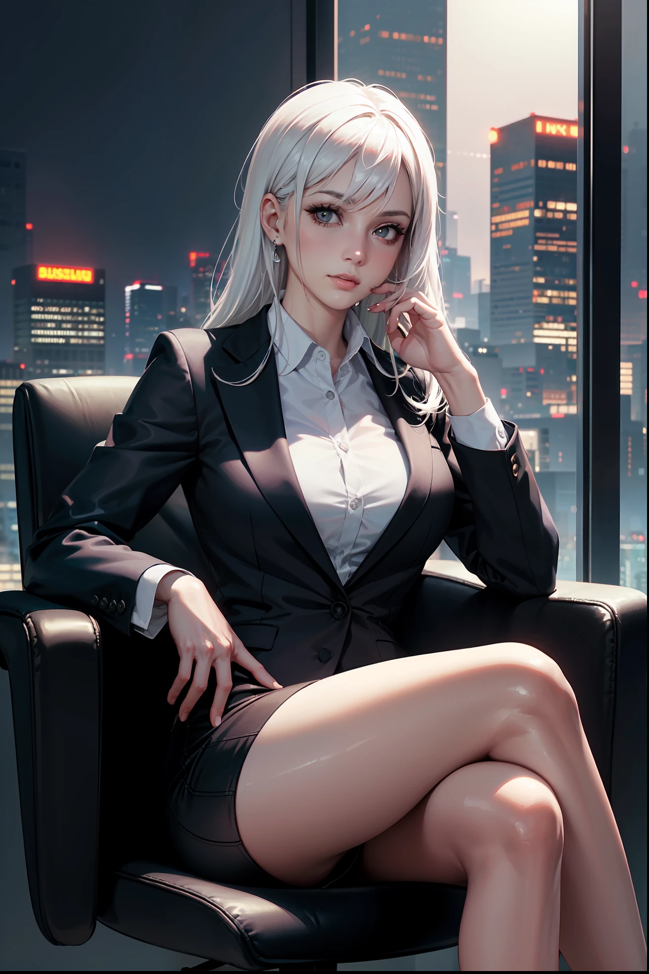 (masterpiece:1.3), (8k, photorealistic, RAW photo, best quality: 1.4), (1girl), beautiful face, (realistic face), Nice hairstyle,Realistic Eyes,Nice detail eyes,(Realistic Skin),Beautiful Skin,Ridiculous,attractive,Ultra high Resolution,an ultra realistic,RAWExtremely detailed,golden proportions,全身写真, Woman wearing business outfit, formal blazer, white blouse, high waist business skirt, beautiful, masterpiece, best quality, perfect lighting, (white hair:1.4), long hair, (grey eyes:1.2), slender build, thin, medium breasts, business woman, ceo, sitting in luxurious black office chair, giant modern window with view of nighttime cyberpunk city skyline in background, close up, night, (cyberpunk city background:1.2)