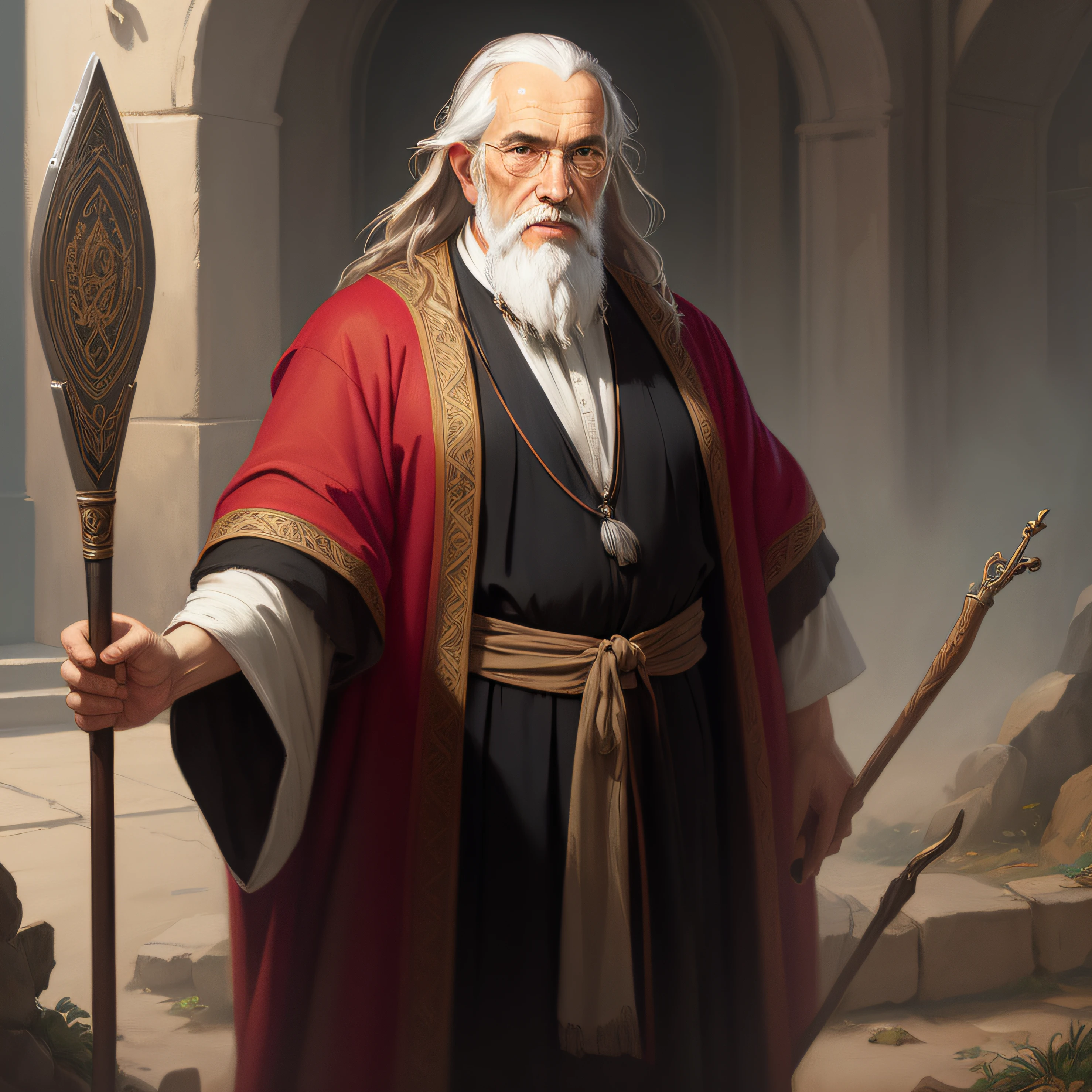 A beautiful ultra-thin realistic portrait of Moses the prophet, an old Hebrew man, long gray hair, long gray beard, wearing black and red striped robe, holding a staff, in front view, full body, biblical, realistic, intricate details, por abbott fuller graves, bartolome esteban murillo, jc leyendecker, craig mullins, peter paul rubens, (caravaggio), trend in artstation, 8k, Concept Art, Fantasy Art, PhotoRealistic, Realistic, Illustration, Oil Painting, Surrealism, HyperRealistic, brush brushes, Digital art, style, watercolor