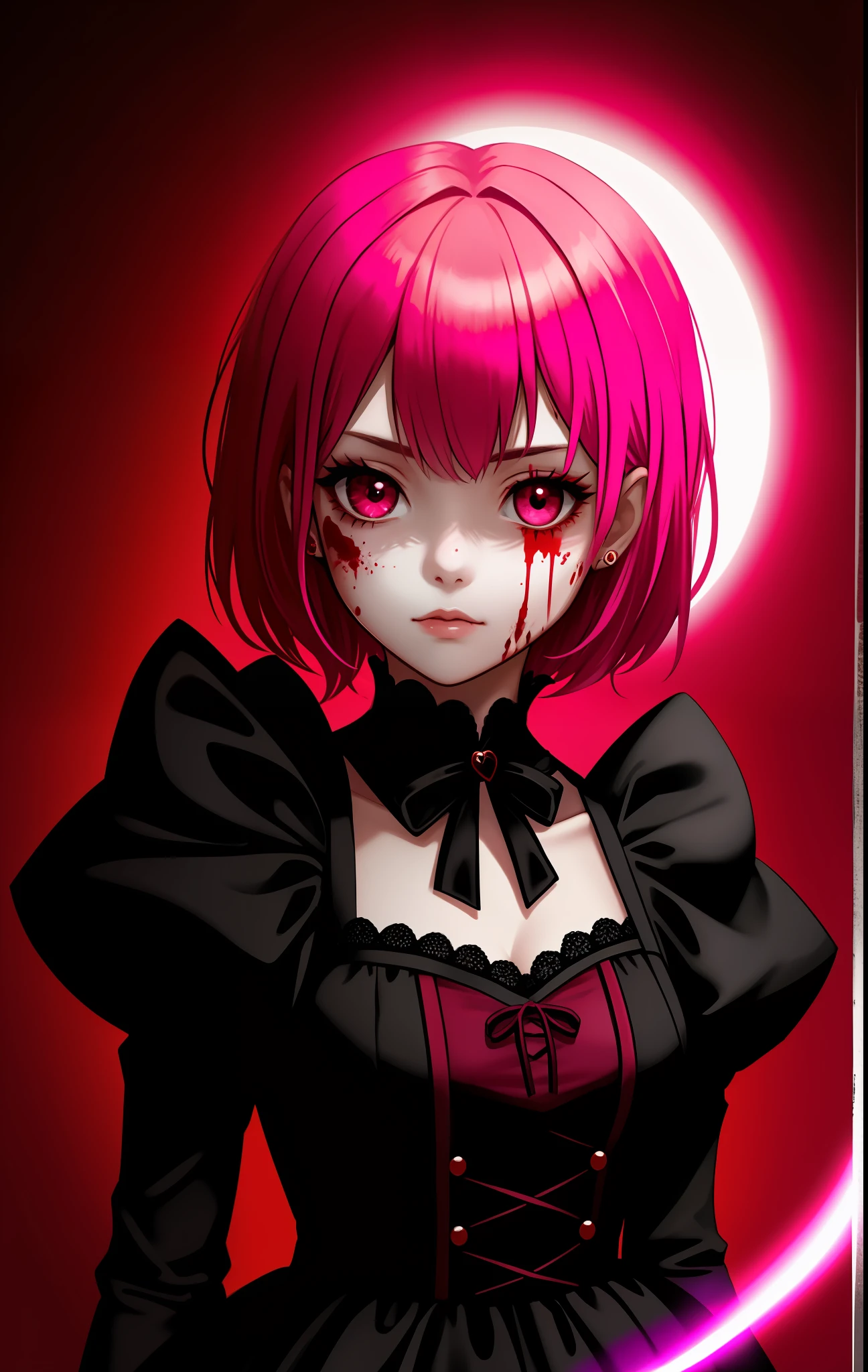 Dark-looking girl, short pink hair, with red aura, lolita dress, with blood on her face