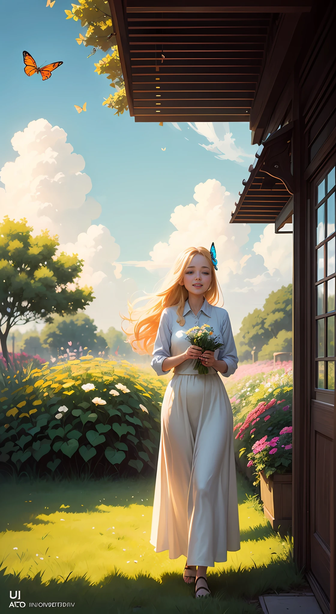 Illustration of "happy" in a flower garden. Blue sky of clouds tending the garden with butterflies. Beautiful illustration, beautiful painting, beautiful UHD 4k art, beautiful art, a beautiful art illustration, guweiz style art, beautiful painting, atey ghailan 8k, artgerm and atey ghailan, (long blonde hair) happy in a flower garden, taking care of butterflies, (butterflies). (best quality, masterpiece), 1 woman, particle, wind, flower, full body, garden background, looking at butterflies. --auto