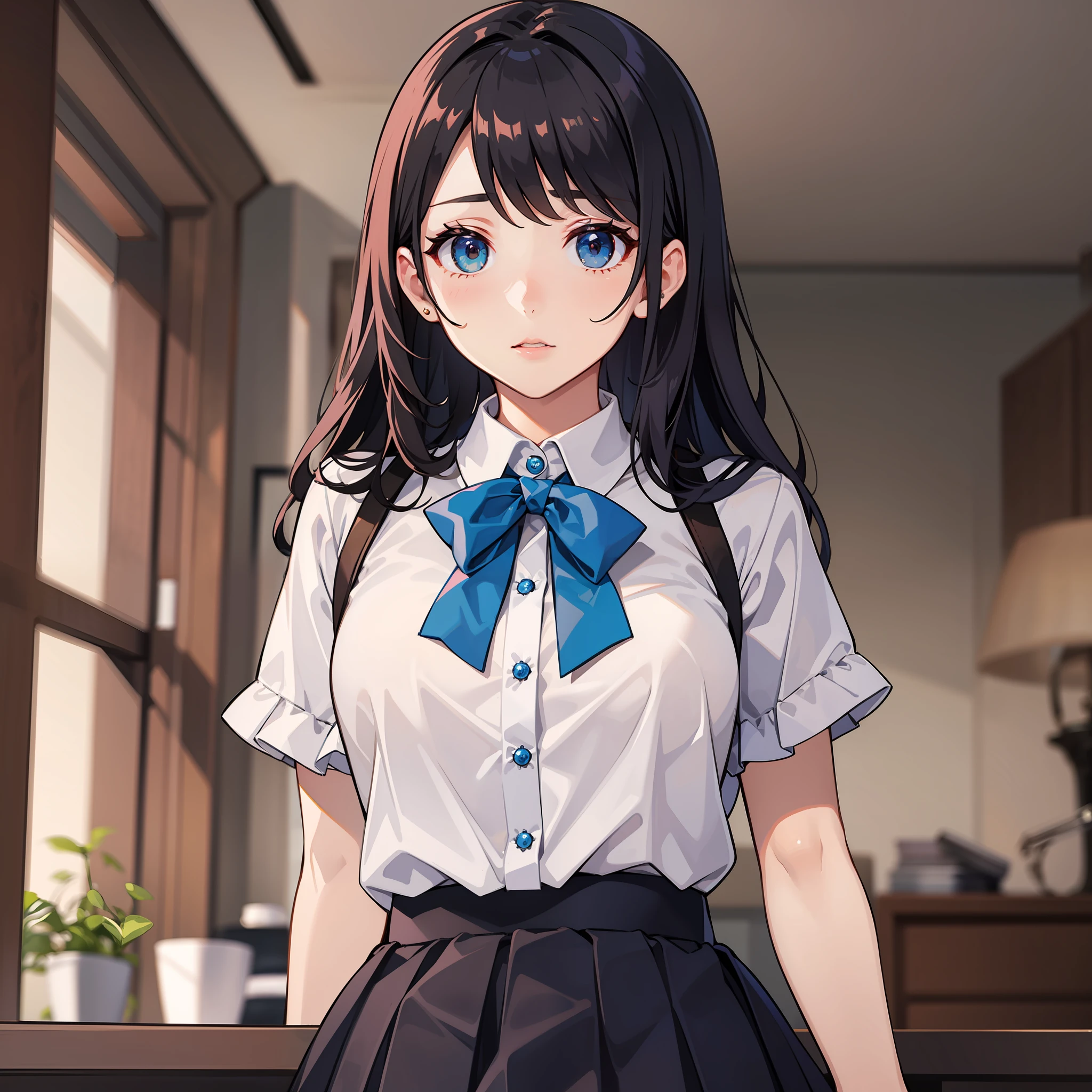 White blouse, girl, dark blue mini skirt, black tights