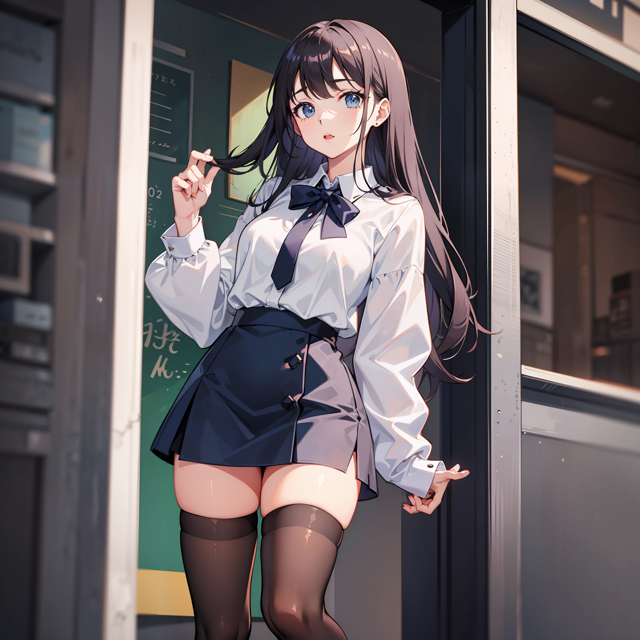 White blouse, girl, dark blue mini skirt, black tights