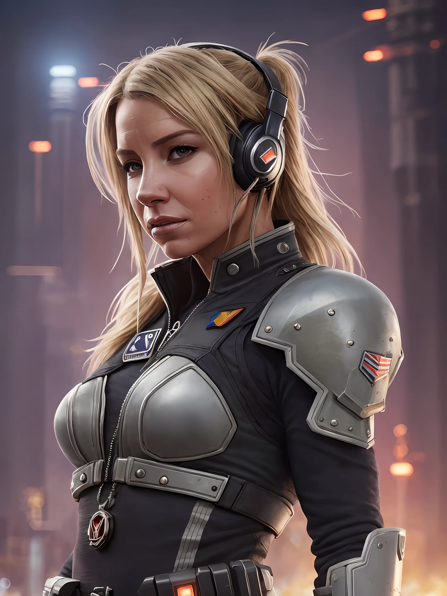 Comic art, limited-palette, (Evangeline Lilly:dua lipa), adult (elven:0.7) woman, freckles, pink eyes, natural blonde messy hair,style-rustmagic,  solo, upper body, looking down, detailed background, detailed face, (militaristic authoritarian dictatorship theme:1.1), cyberpunk soldier, gunner, wearing dark orange tactical vest, antenna, dirt, headset, wrist-mounted weapon, grenades, flag, calm,  taking cover,  movement, power-core, glowing gray neon lights, fleet of spaceships in background, hazy mist, bloom, cinematic atmosphere,colorhalf00d,