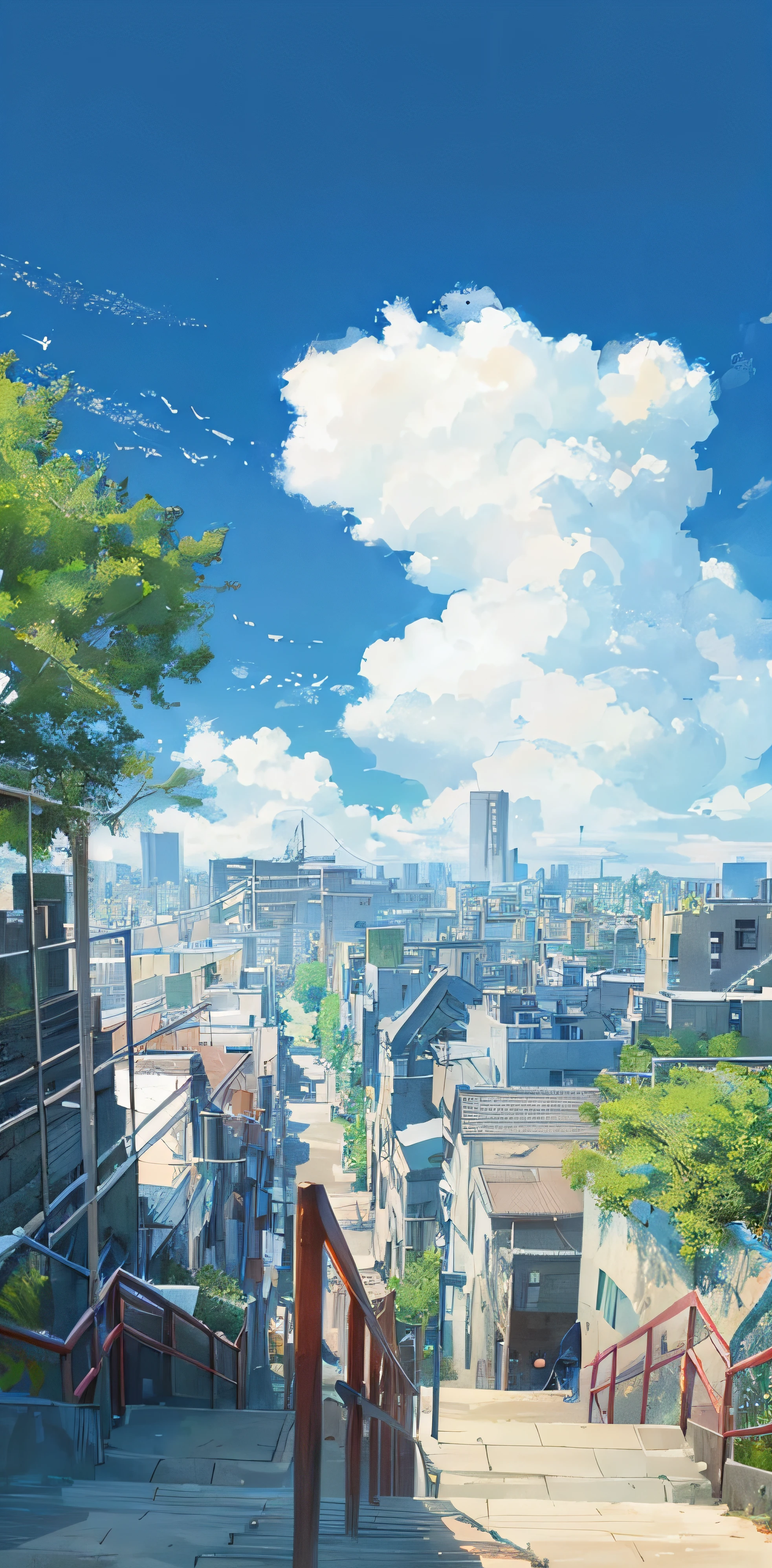 a picture taken from a high angle of a stairway leading to a city, an anime drawing by Makoto Shinkai, trending on pixiv, serial art, beautiful anime scene, style of makoto shinkai, tokyo anime scene, makoto shinkai. —h 2160, ( ( makoto shinkai ) ), beautiful anime scenery