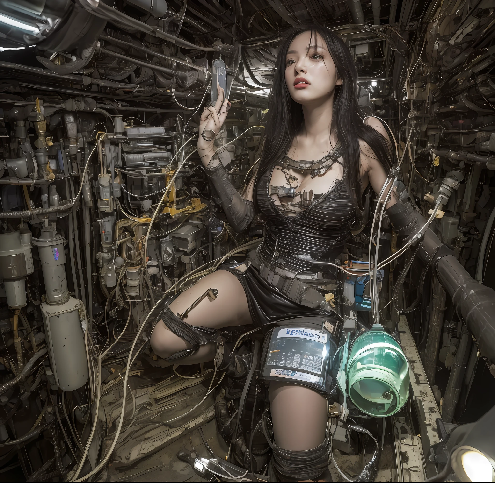 Top Quality, Masterpiece, Ultra High Resolution, (Photorealism: 1.4), Raw Photo, 1 Female Eye, Glossy Skin, 1 Mechanical Girl, (Ultra Realistic Detail)), Portrait, Global Illumination, Shadows, Octane Rendering, 8K, Ultra Sharp, Big, Cleavage Exposed Raw Skin, Metal, Intricate Ornamental Details, Steampunk Details, Vacuum Tube, Nixie Suga, Oil Pressure Gauge, Glass Suga, Analog Meter, Gears, Gears, Hydraulic Cylinder, Very Intricate Detail, Realistic Light, CGSoation Trend, Purple Eyes, Glowing Eyes, Facing the Camera, Neon Details, Mechanical Limbs, Blood Vessels Connected to Tubes, Mechanical Vertebrae Attached to the Back, Mechanical Cervical Attachment to the Neck, Sitting, Wires and cables that connect to the head cyberpunk