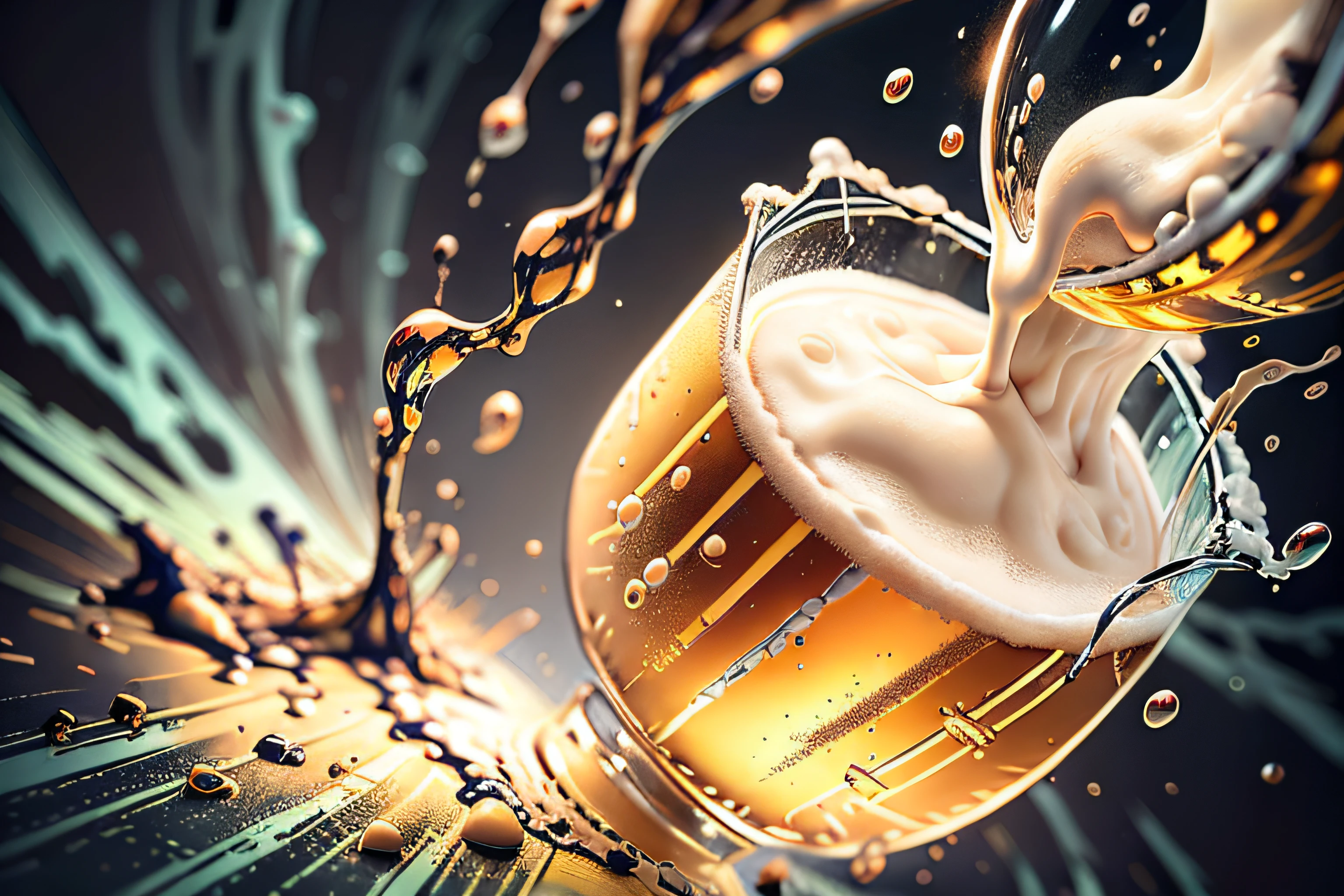 glass pouring beer, foaming, lots of white foam, foam explosion, cold beer, glass with bubbles due to cold, yellow beer, translucent high glass, white background, suspended in the air