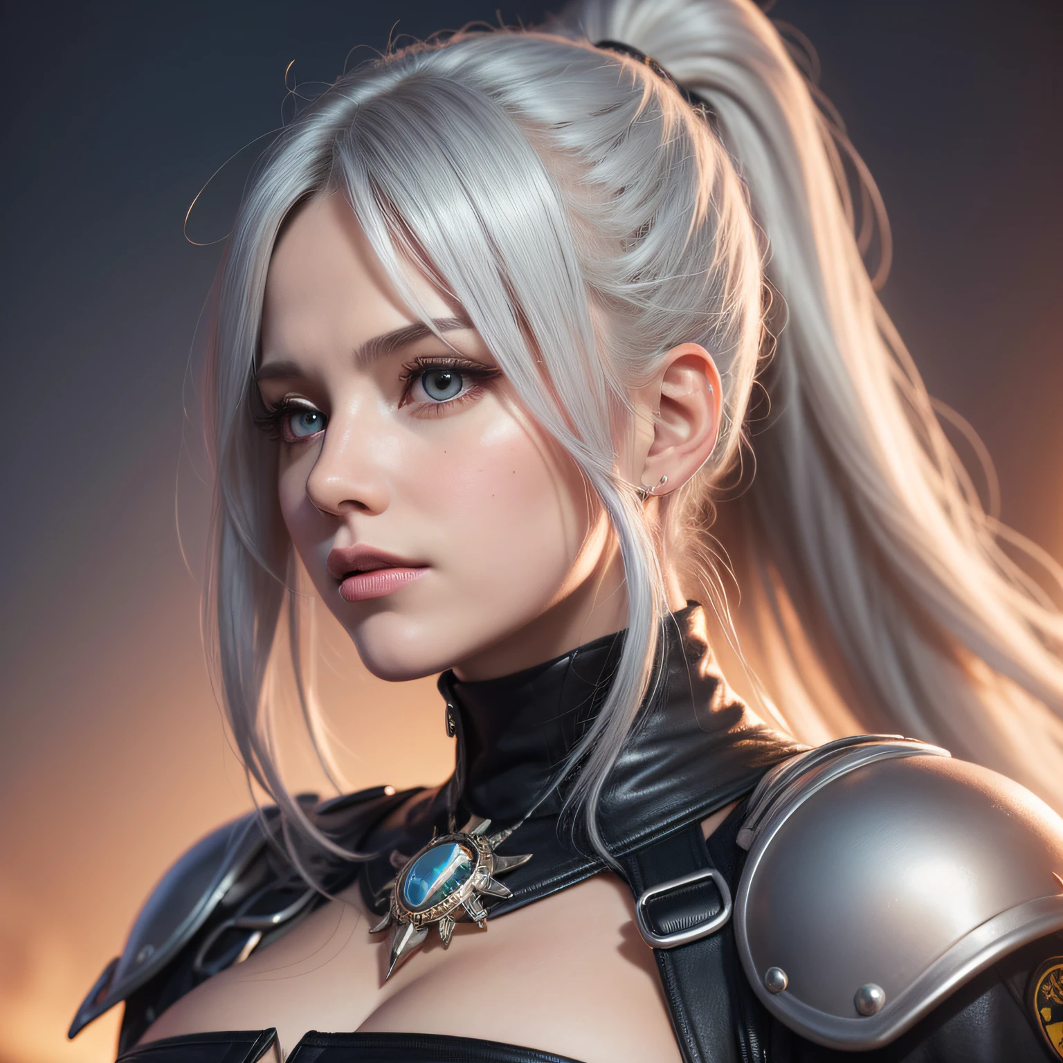 uma garota numa colina, silver hair, hair between eyes, long hair, ponytail, American propaganda poster, cinematic lighting, sparkle, god rays, ray tracing, pov, UHD, masterpiece, anatomically correct, high details, best quality, 8k