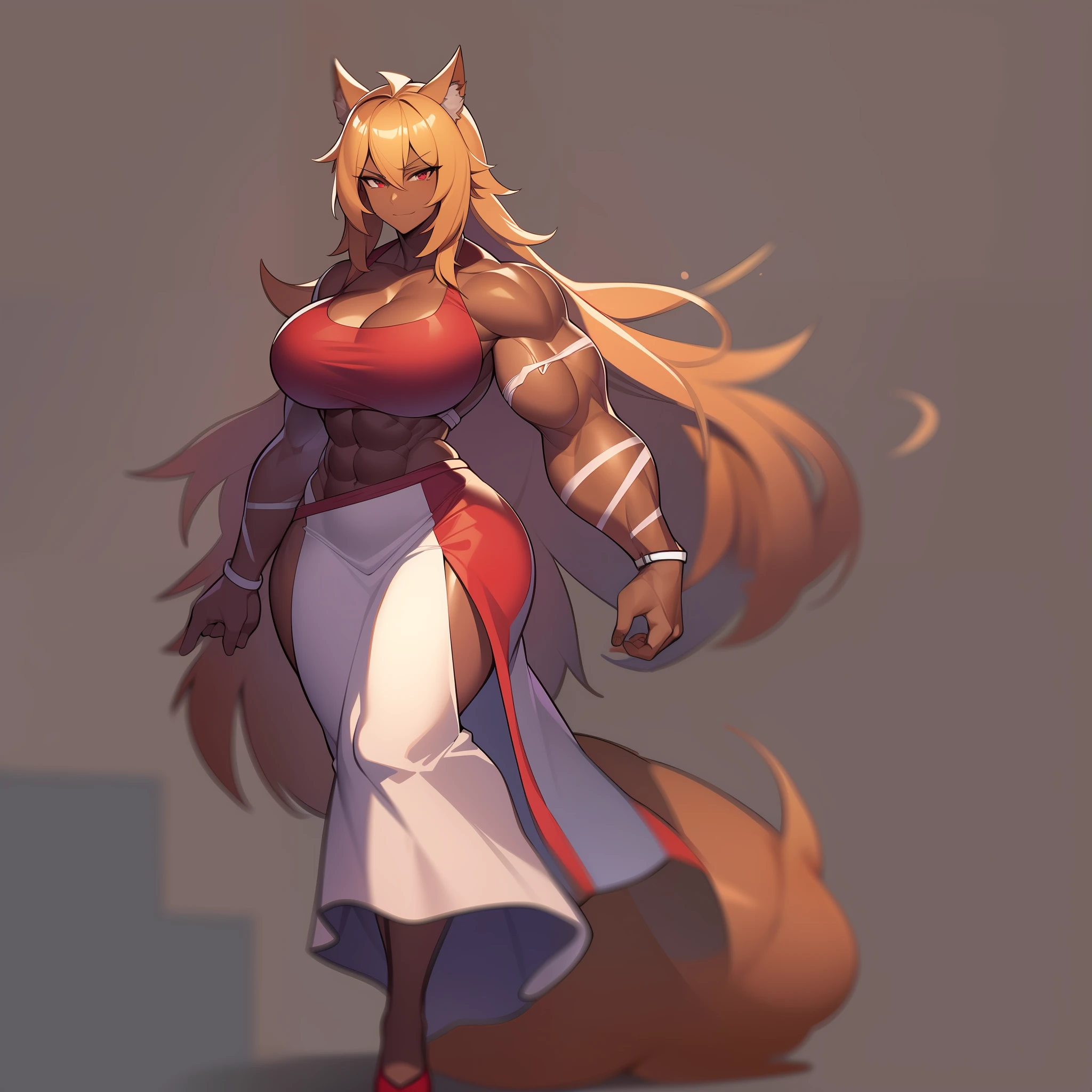 muscular girl, huge chest, long hair, tomboy, , walk.full body, blond hair, dark skinned, red eyes, beargirl,, long dress, dress,skirt