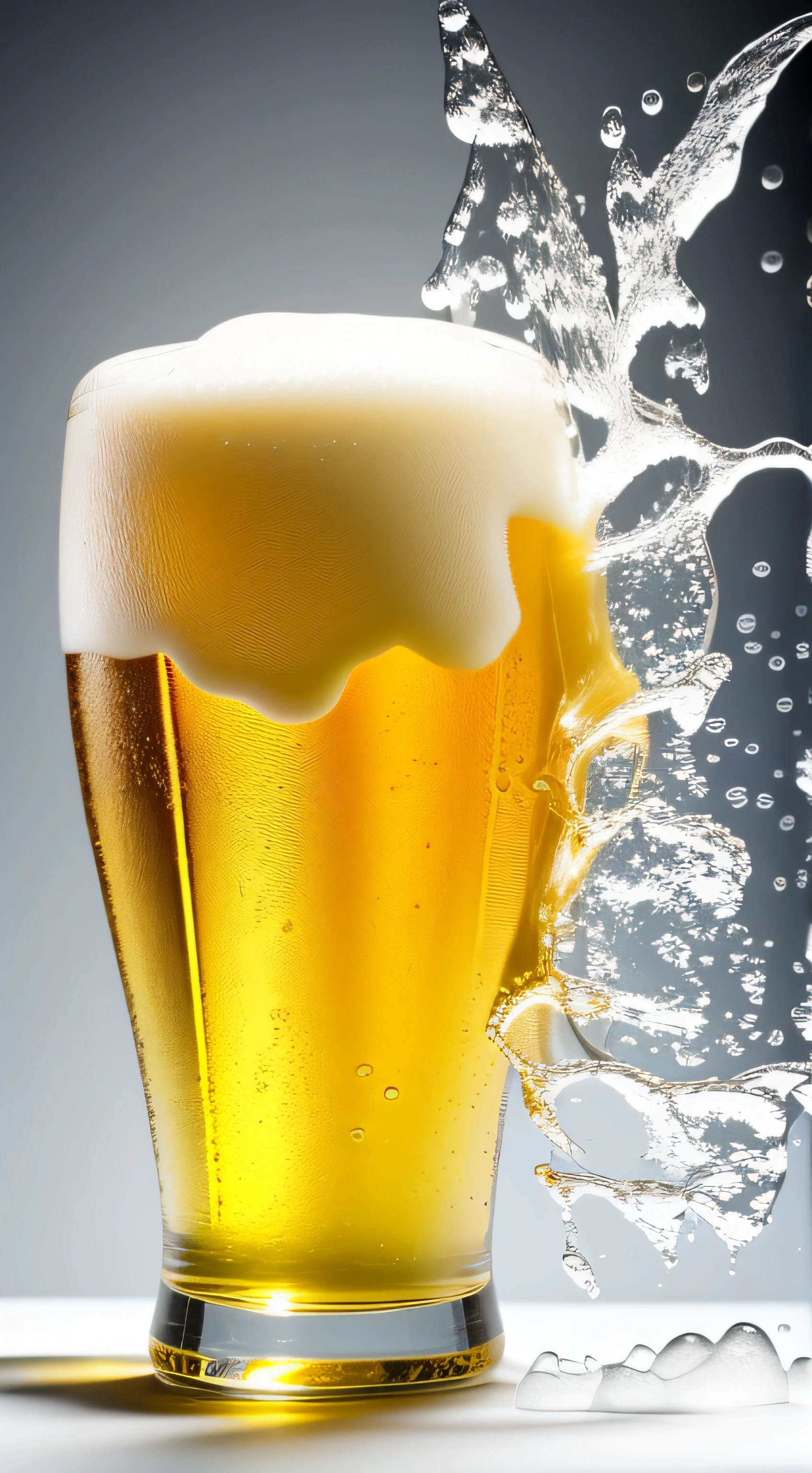 Close-up photo of a glass pouring beer, foaming, just the glass, nothing more, lots of white foam, foam explosion, cold beer, glass with bubbles due to cold, only the glass, yellow beer, translucent high glass, elegant glass, white background, suspended in the air