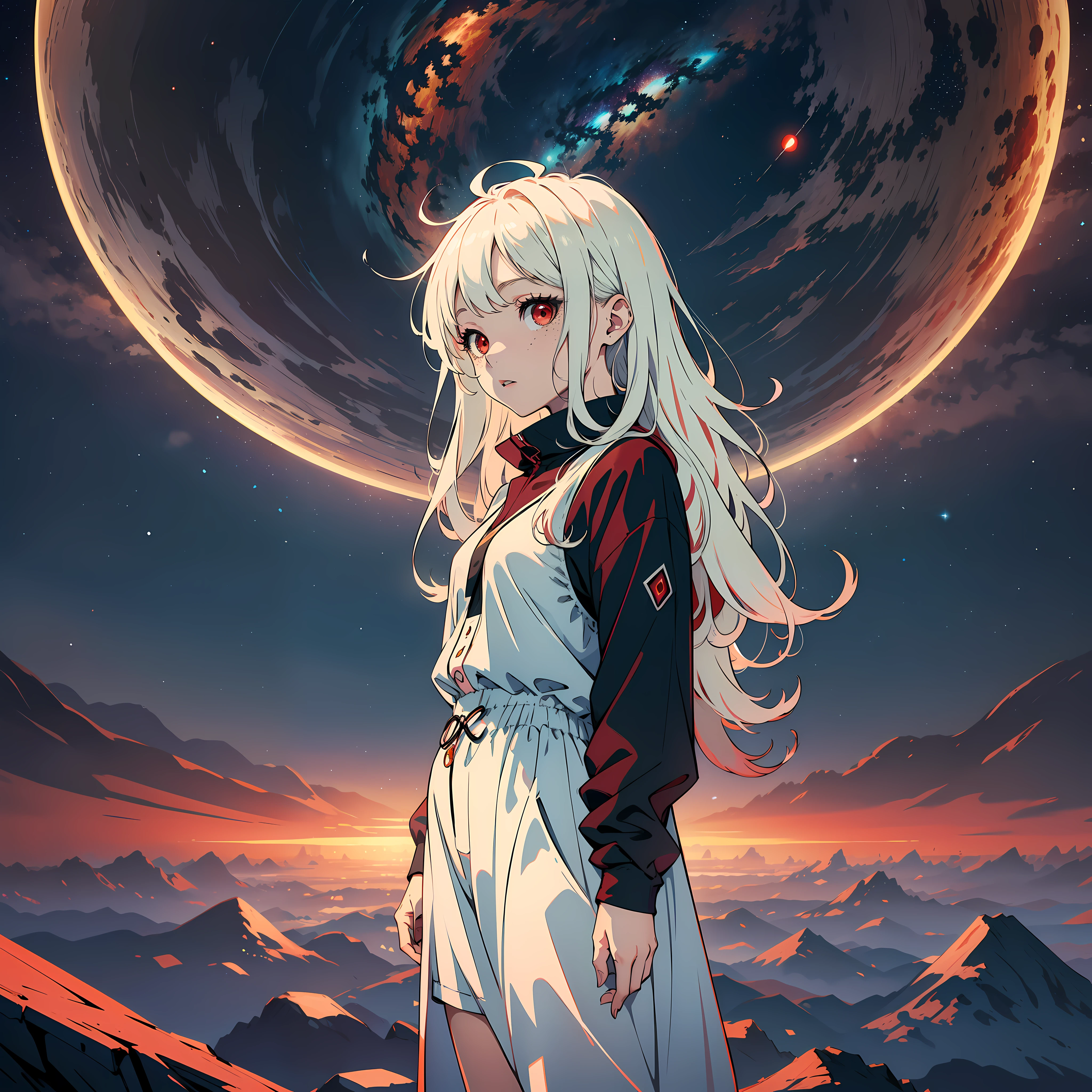 cinematic dark lighting,landscape Saturn and PSR B1620-26b in Earth's sky, stars planets a little transparent,all bright planets, night weather, 1 girl,cheerful,masterpiece,(red eyes:1.5),(long white hair loose andulated1.8), anime, looking at the skies, perception of living longer, color, , freckles, black casual clothes, calm pose, landscape perception