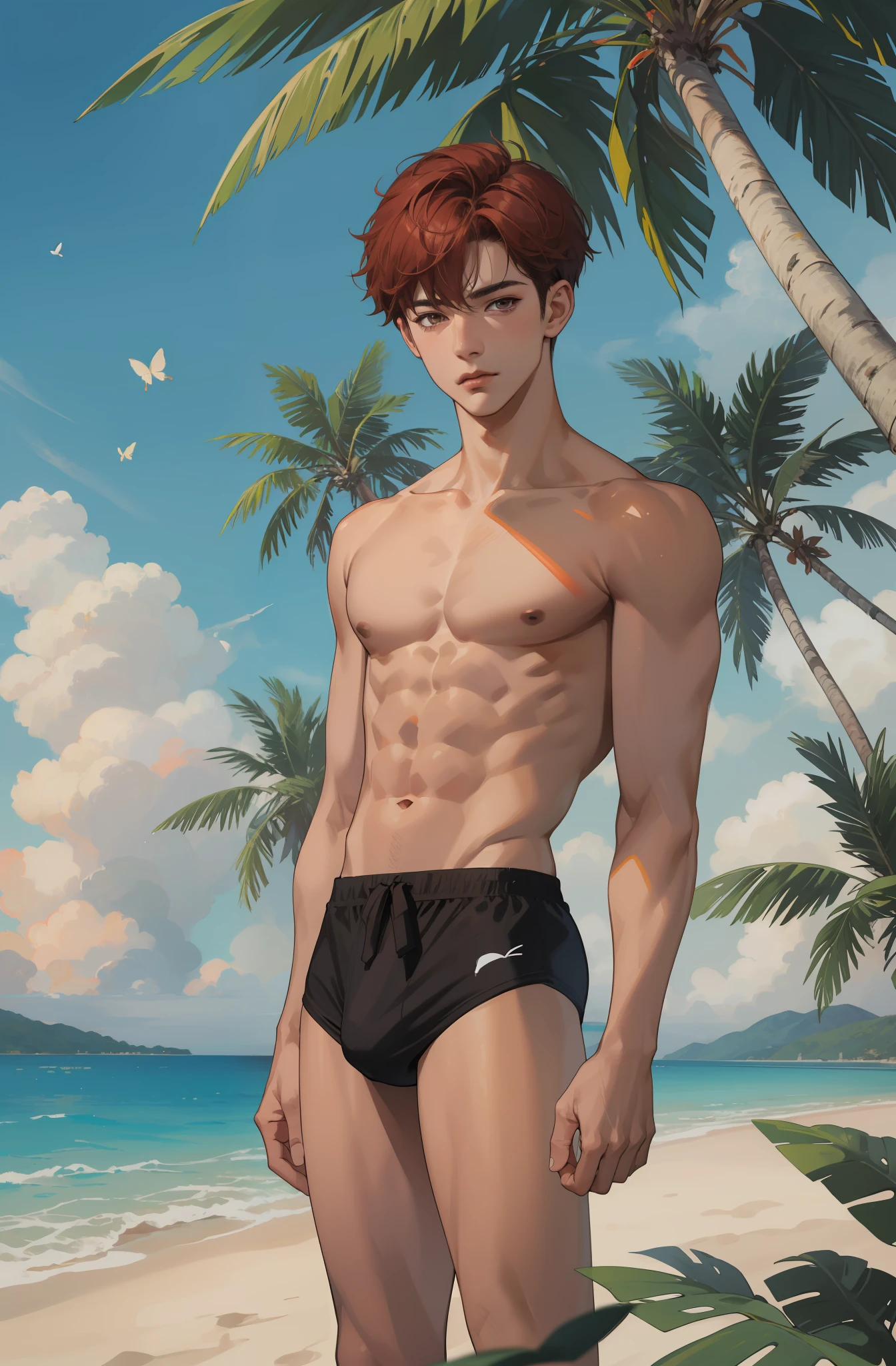 Absurdres, intricate details, masterpiece, best quality, ultra high res, 8k, 1boy, (brief speedos), beach, tan shiny skin, detailed face, shirtless, small waist, broad shoulders, big brown eyes, eye reflection, short red color hair, slender body, outdoors, palm trees, flower, bird, butterfly.