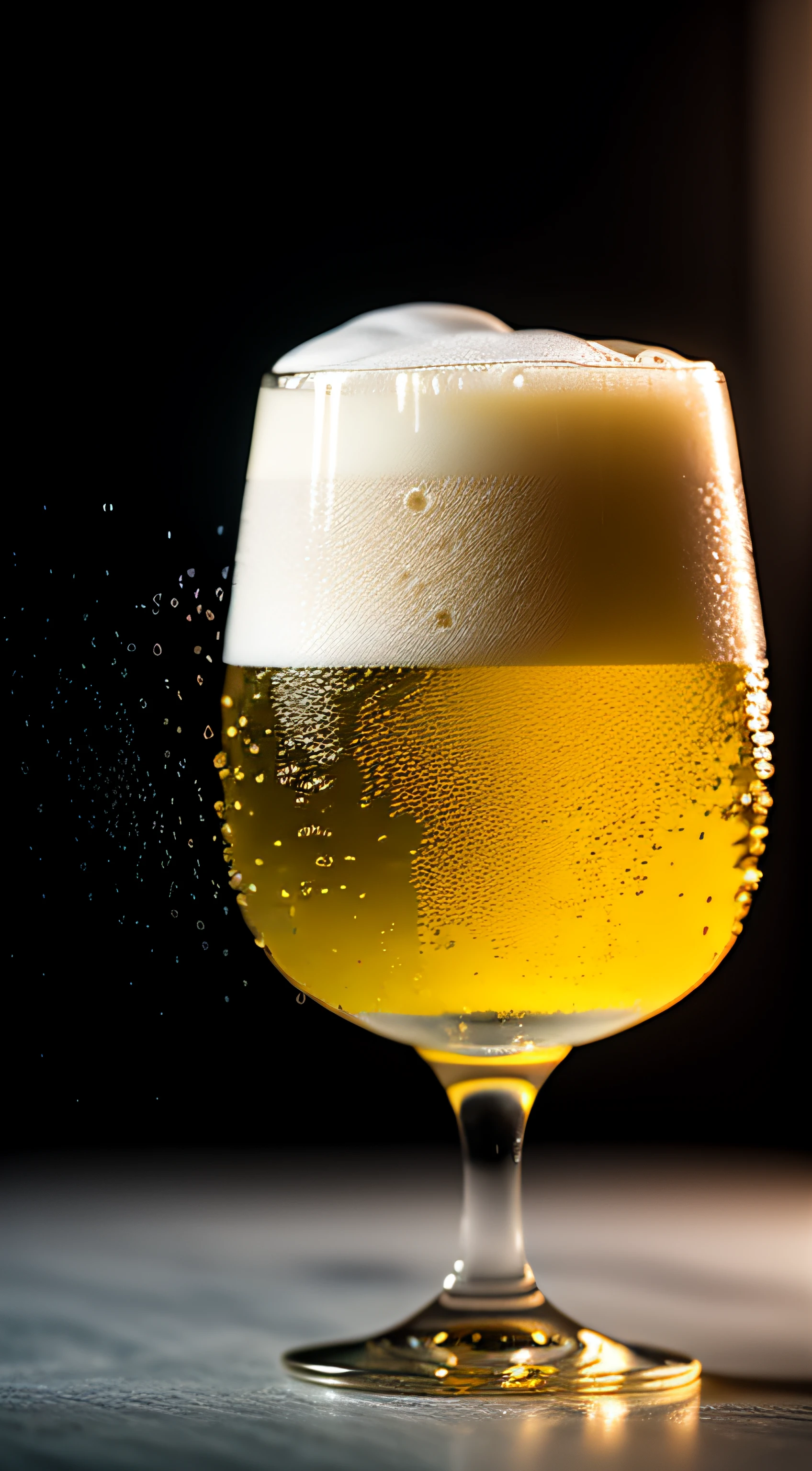 Close-up photo of a glass pouring beer, foaming, only the glass, nothing more, lots of white foam, foam explosion, cold beer, glass with bubbles due to cold, only the glass, yellow beer, translucent high glass, elegant glass, white background, suspended in the air, high brightness, wet watermarks, excessive details, surrealism, soft light, studio lighting, diffuse soft light, shallow depth of field, sharp focus, bokeke effect, complex soft light, diffuse soft light, highly detailed glass reflection, ultrathin (ultrathin), ultra-thin) (thin, ultra-detailed), cinematic, surrealism