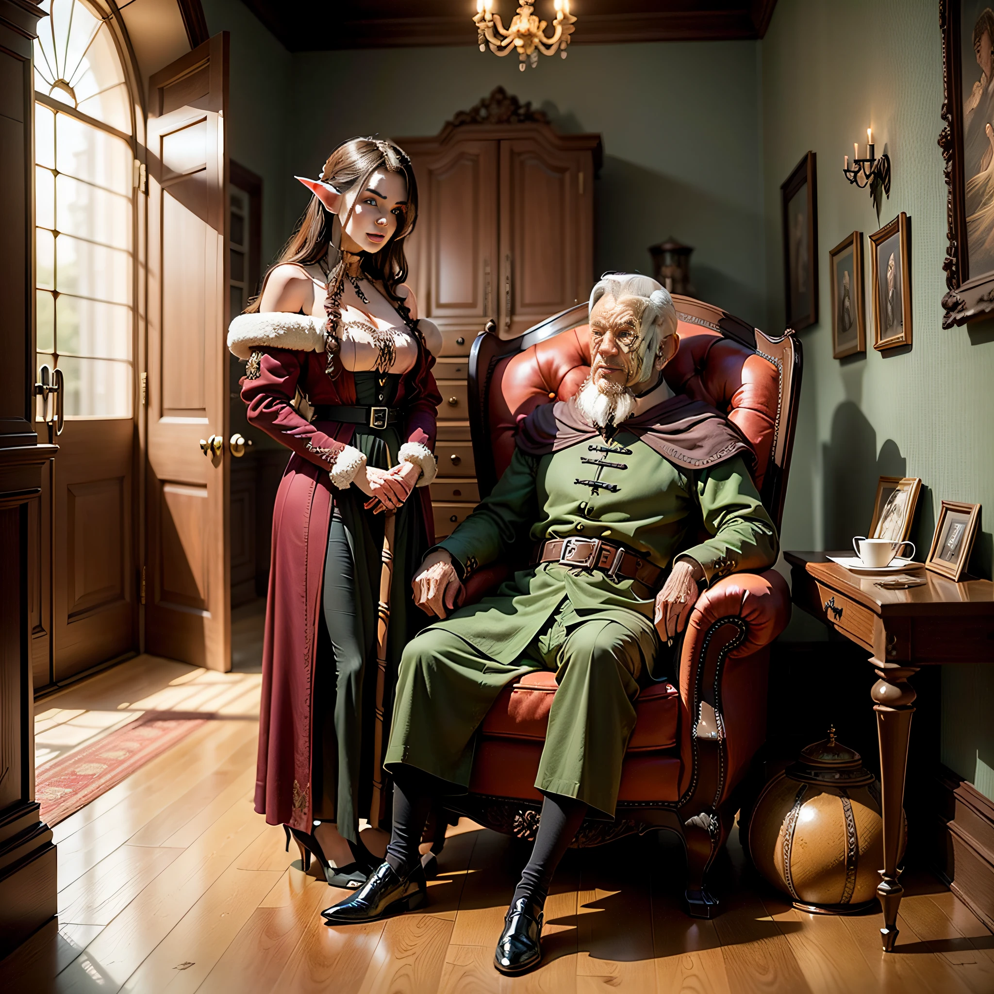 Beautiful brown-haired elf, with a serious look, next to an extremely old elf sitting in an armchair, leaning on a cane. both in the entrance hall of a large house. Fictional medieval universe.