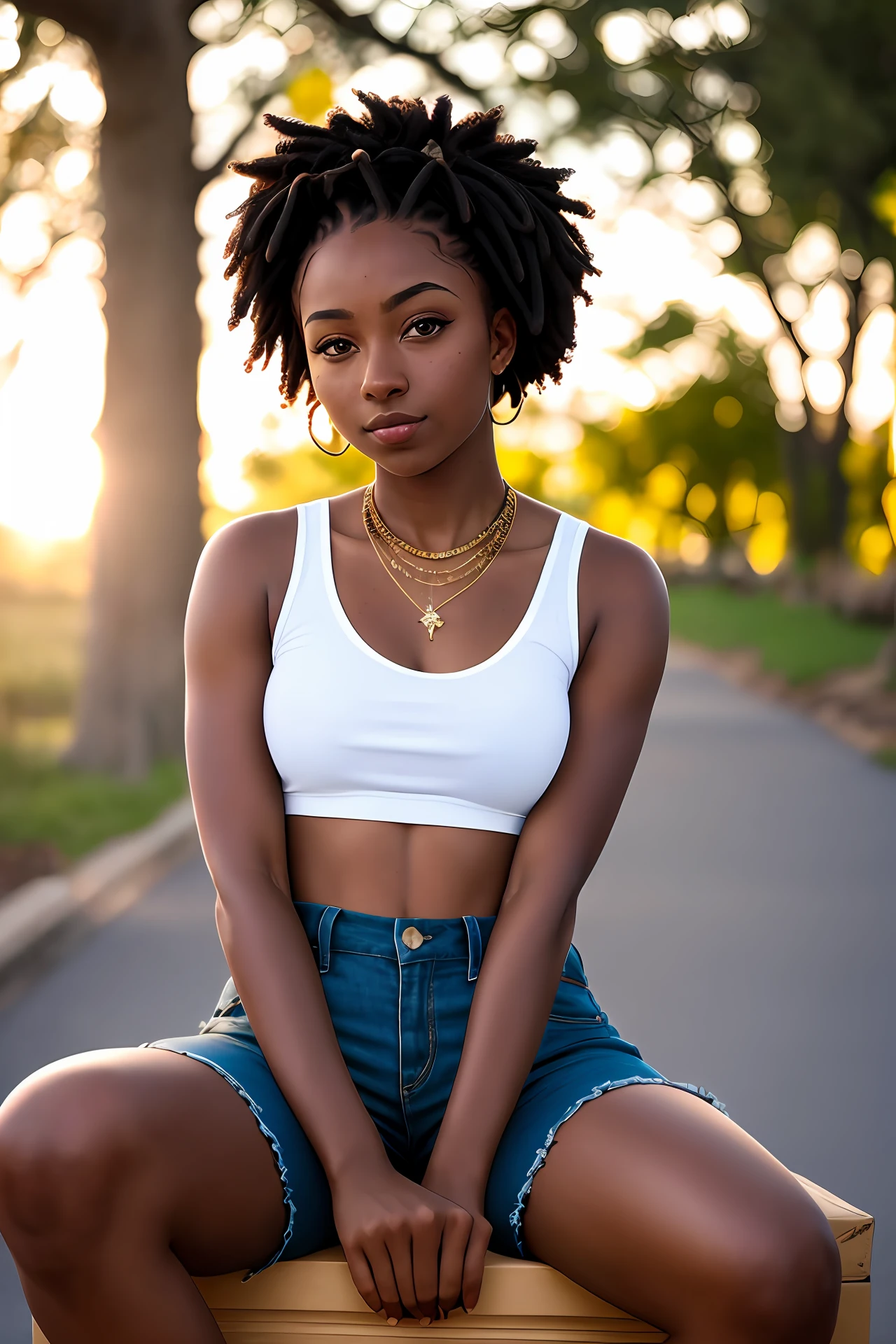 Masterpiece, RAW photography, dark skinned woman, sitting down, knees up, elbows bent, lit by sunlight, sleeveless shirt, long shorts, lens flare, DOF, blurry background, freckled skin, detailed skin, detailed face, box braids hairstyle