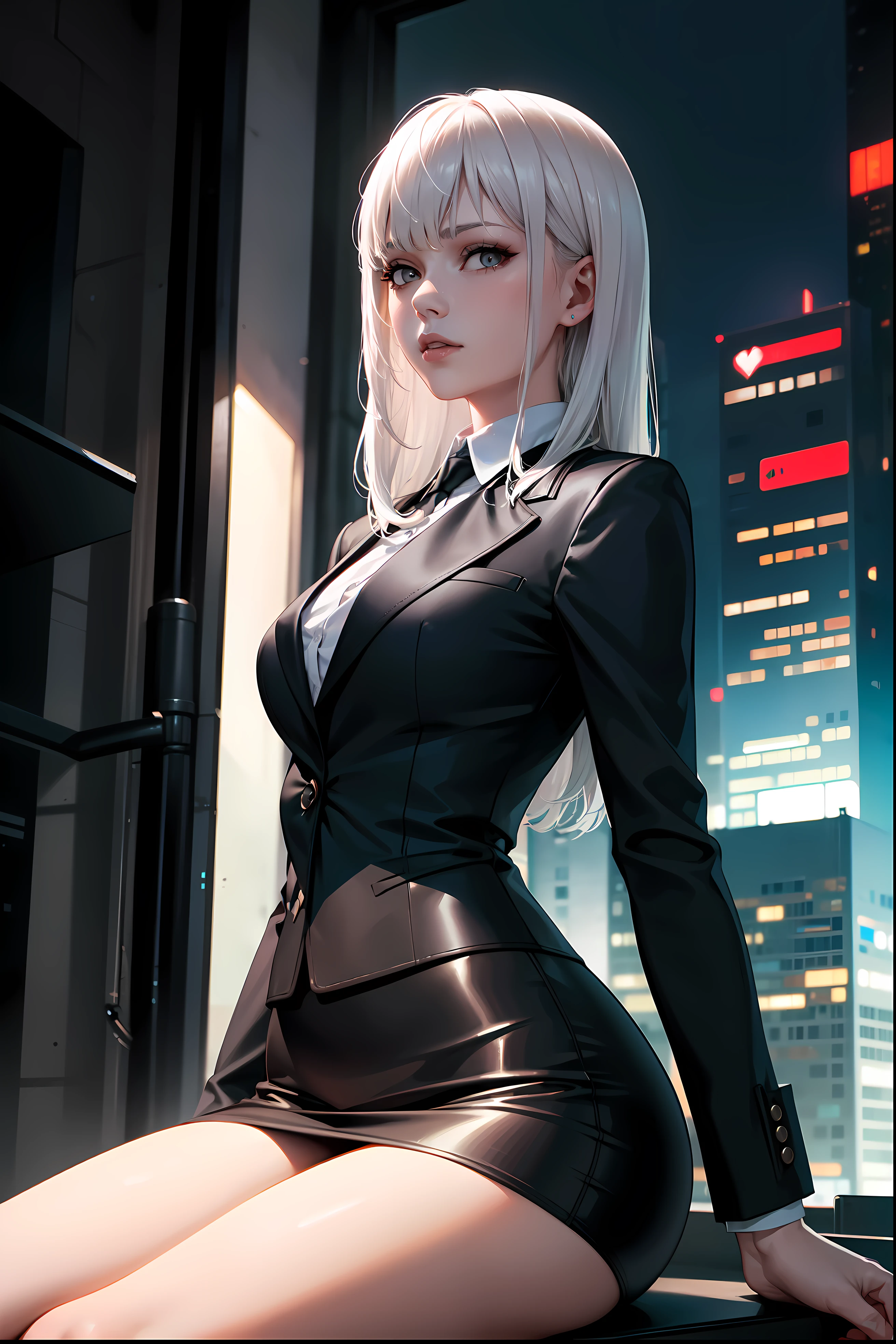 (masterpiece:1.3), (8k, photorealistic, RAW photo, best quality: 1.4), (1girl), beautiful face, (realistic face), Nice hairstyle,Realistic Eyes,Nice detail eyes,(Realistic Skin),Beautiful Skin,Ridiculous,attractive,Ultra high Resolution,an ultra realistic,RAWExtremely detailed,golden proportions,全身写真, Woman wearing business outfit, formal blazer, white blouse, high waist business skirt, beautiful, masterpiece, best quality, perfect lighting, (white hair:1.4), long hair, (grey eyes:1.2), slender build, thin, medium breasts, business woman, ceo, sitting in luxurious black office chair, giant modern window with view of nighttime cyberpunk city skyline in background, close up, night, (cyberpunk city background:1.2)