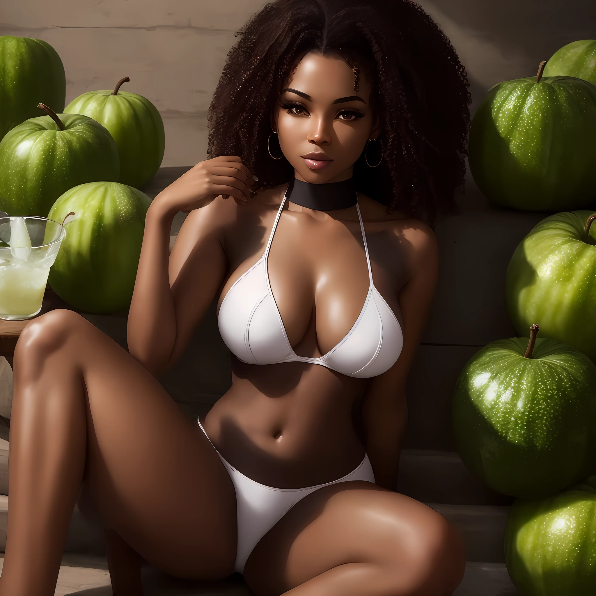 Attractive black woman highly realistic, honeydew with white liquid, ultrarealistic, delicate, damp clothing showing the skin --auto