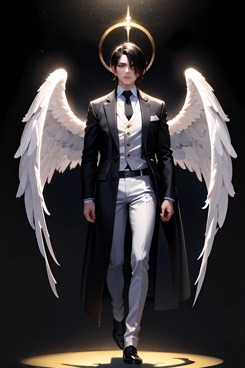 Archangel, man, 30 years old, white skinned, with large wings, wearing a black overcoat, in one hand a golden halo, ultra realistic HD full body image, short black hair, and a serious face looking straight ahead