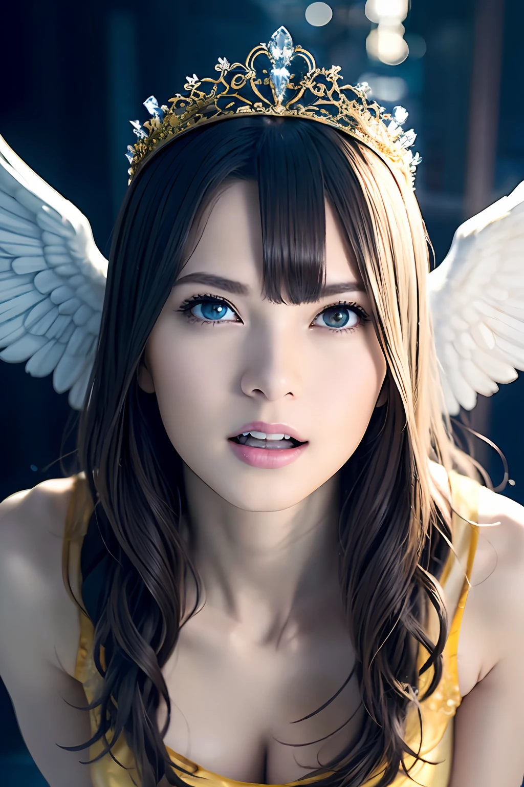 Ultra-detailed complex 3D rendering of face, (Colossal: 8.8), (masterpiece, top quality, octane rendering, 8K), glamour shot full body image, cleavage, (very detailed skin: 1.2), (exposure: 1.1), (blonde), ((wearing a plummet tank top of yellow silk: 1.5)), blonde, beautiful Caucasian woman, with big ass full soft breasts and white skin, one, long braided hair, big breasts, dynamic angle, mystical expression, ultra-realistic photography, (((((portrait))), bare feet, futuristic city background, facial muscles, detailed and beautiful queen tiara, in the style of Marvel Comics, clear focus, studio photography, intricate details, highly detailed, detailed yellow eyes, sharp focus, digital rendering, professional, abs, ((sexy pose))), natural jungle, open mouth lightly, mansle, crotch open, seductive look, angel ring, angel wings, angel ring, angel ring,