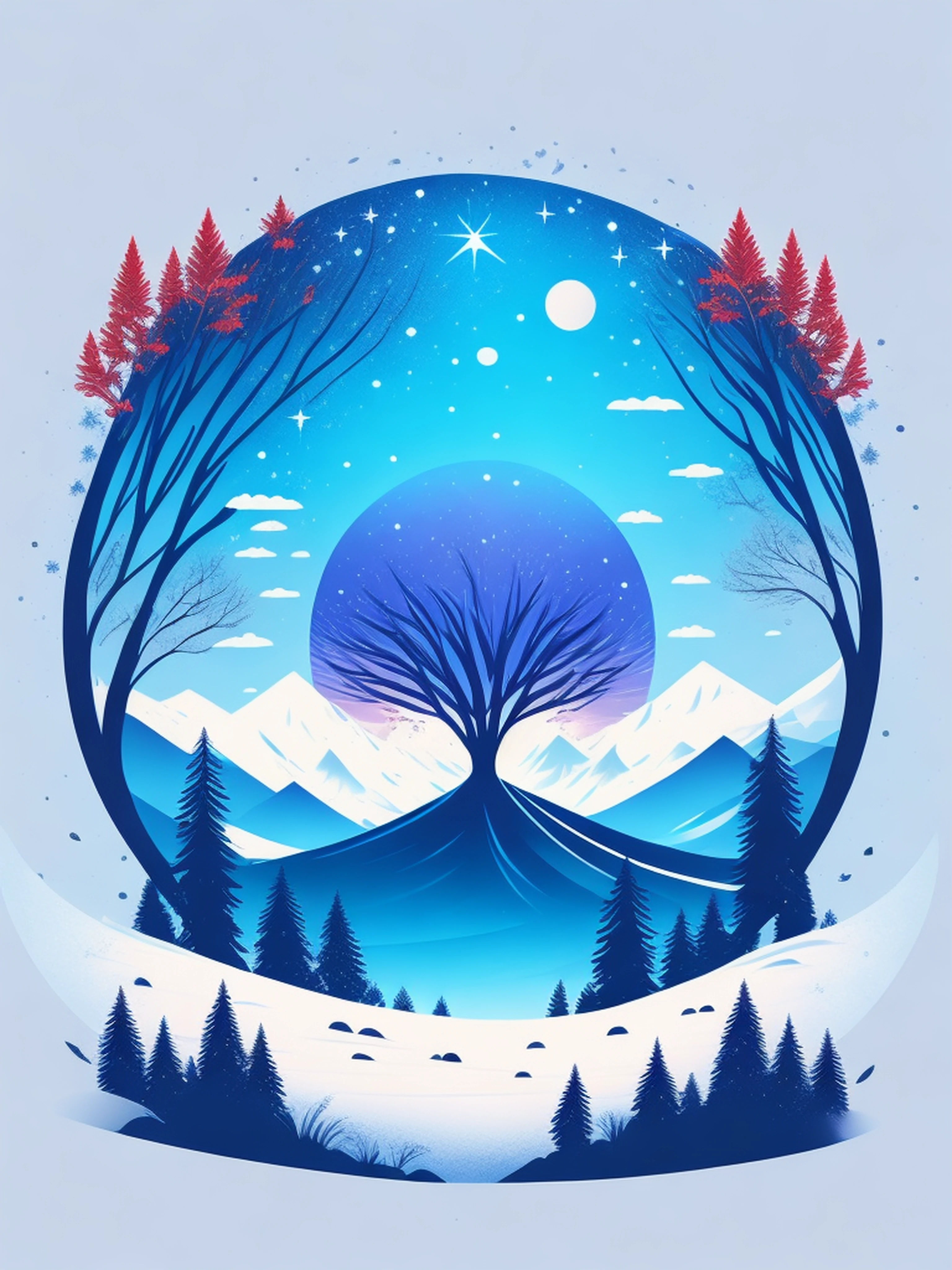 a spruice tree in a winter landscape, tshirt design, rzminjourney, vector-art