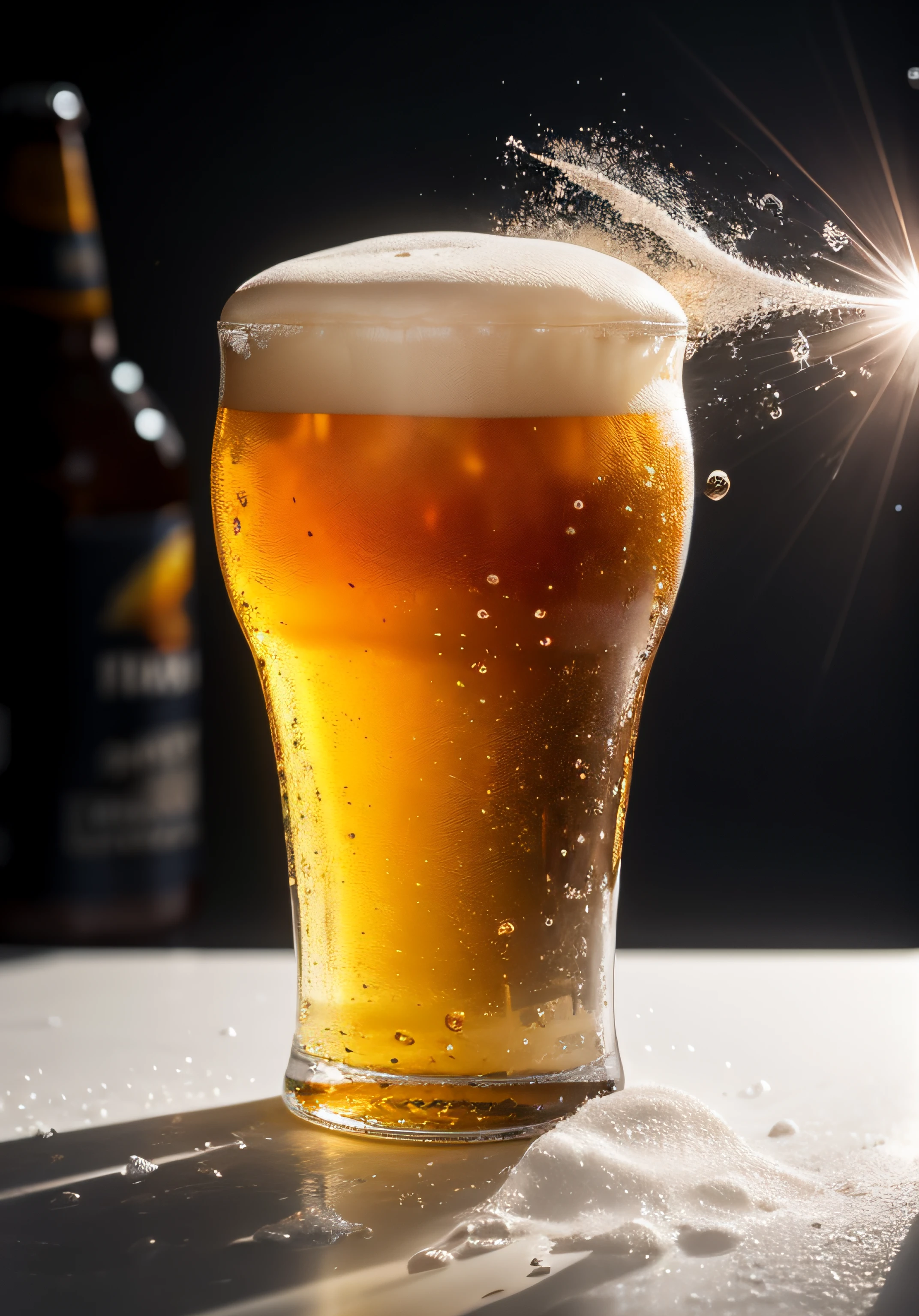 Close-up photo of a glass pouring beer, foaming, only the glass, nothing more, lots of white foam, foam explosion, cold beer, glass with bubbles due to cold, only the glass, yellow beer, translucent high glass, elegant glass, white background, suspended in the air, high brightness, wet watermarks, excessive details, surrealism, soft light, studio lighting,  diffuse soft light, shallow depth of field, sharp focus, bokeke effect, complex soft light, diffuse soft light, highly detailed glass reflection, ultrathin (ultrathin), ultra-thin) (thin, ultra-detailed), cinematic, surrealism