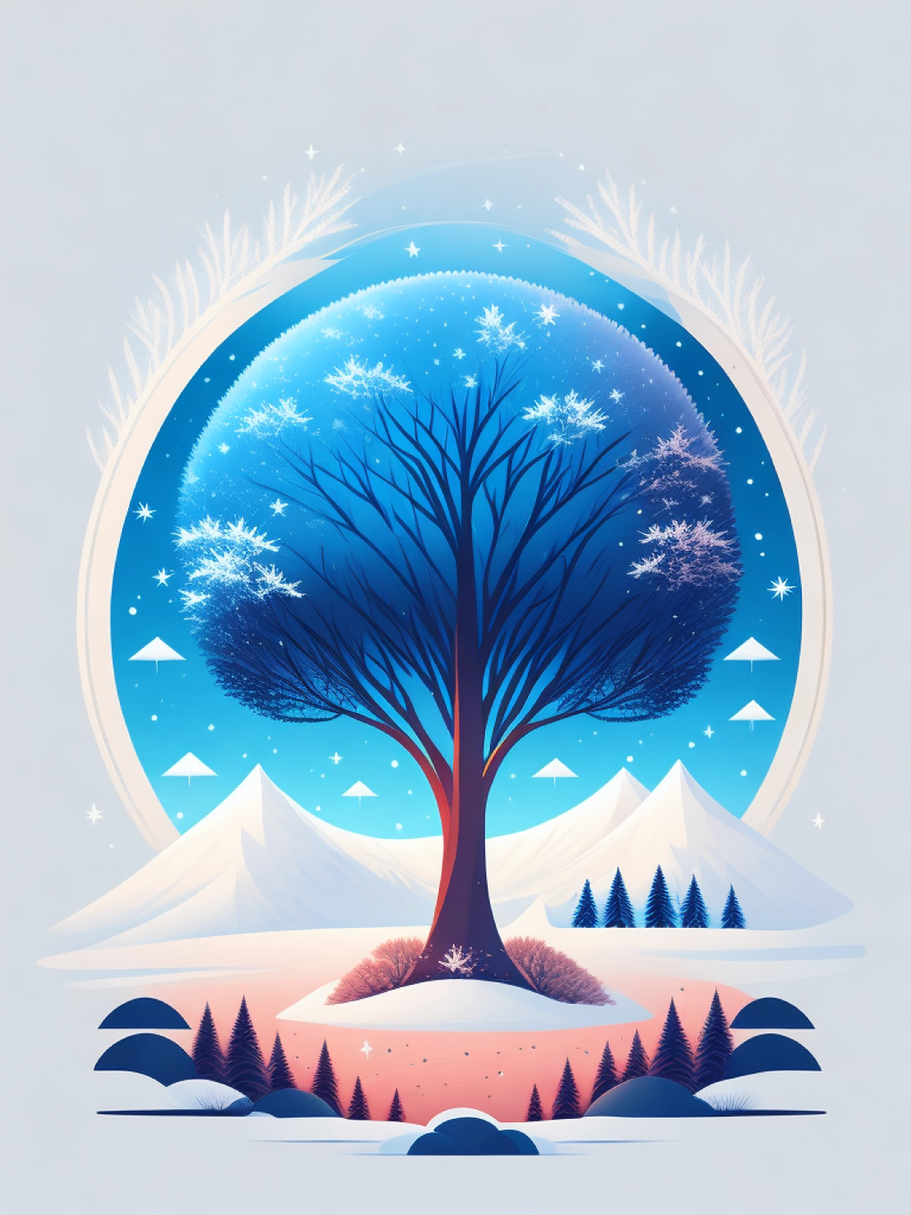 a spruice tree in a winter landscape, tshirt design, rzminjourney, vector-art