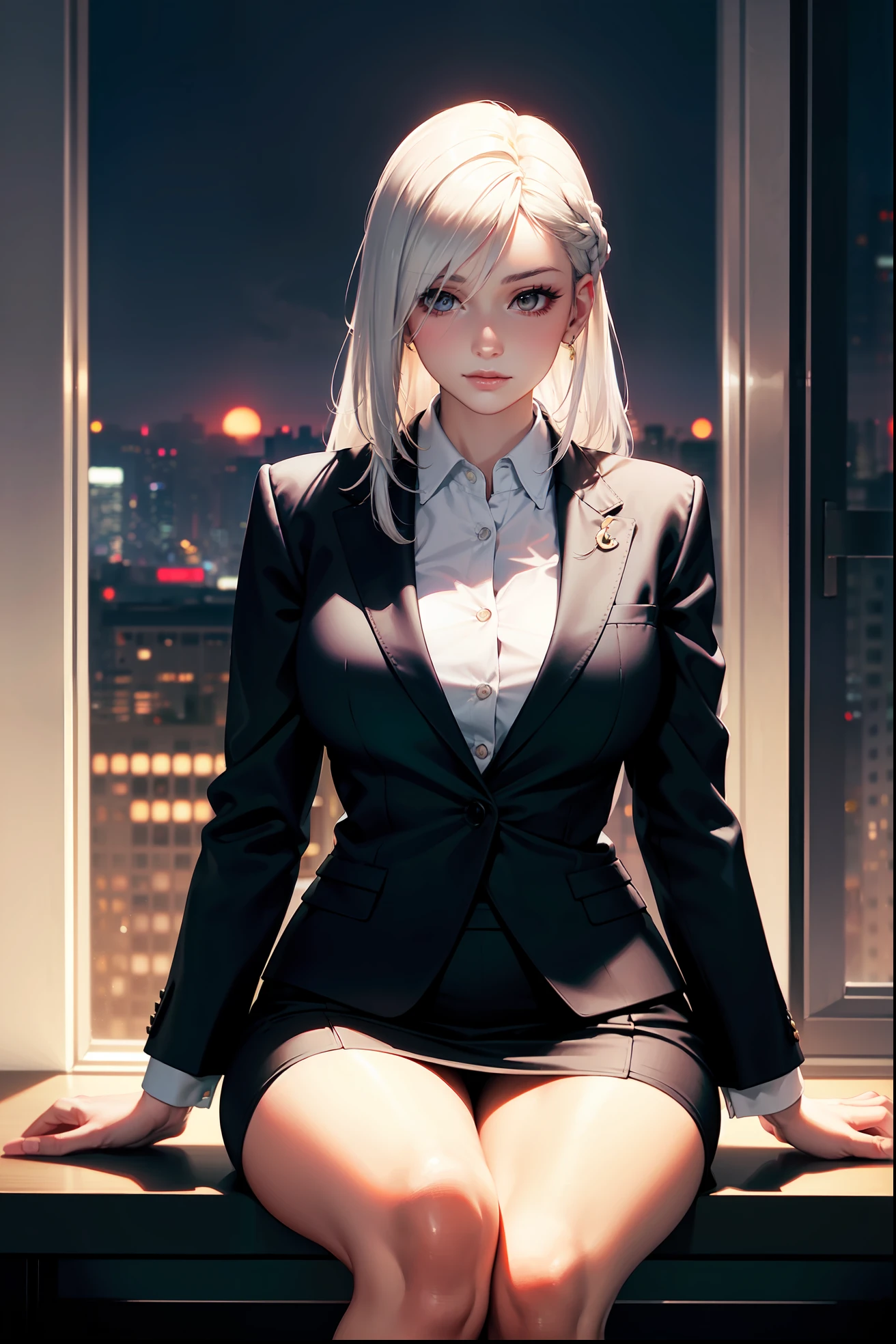 (masterpiece:1.3), (8k, photorealistic, RAW photo, best quality: 1.4), (1girl), beautiful face, (realistic face), Nice hairstyle,Realistic Eyes,Nice detail eyes,(Realistic Skin),Beautiful Skin,Ridiculous,attractive,Ultra high Resolution,an ultra realistic,RAWExtremely detailed,golden proportions,全身写真, Woman wearing business outfit, formal blazer, white blouse, high waist business skirt, beautiful, masterpiece, best quality, perfect lighting, (white hair:1.4), long hair, (grey eyes:1.2), slender build, thin, medium breasts, business woman, ceo, sitting in luxurious black office chair, giant modern window with view of nighttime cyberpunk city skyline in background, close up, night, (cyberpunk city background:1.2), (Hazy sky:1.2), (Dim red sun:1.3)