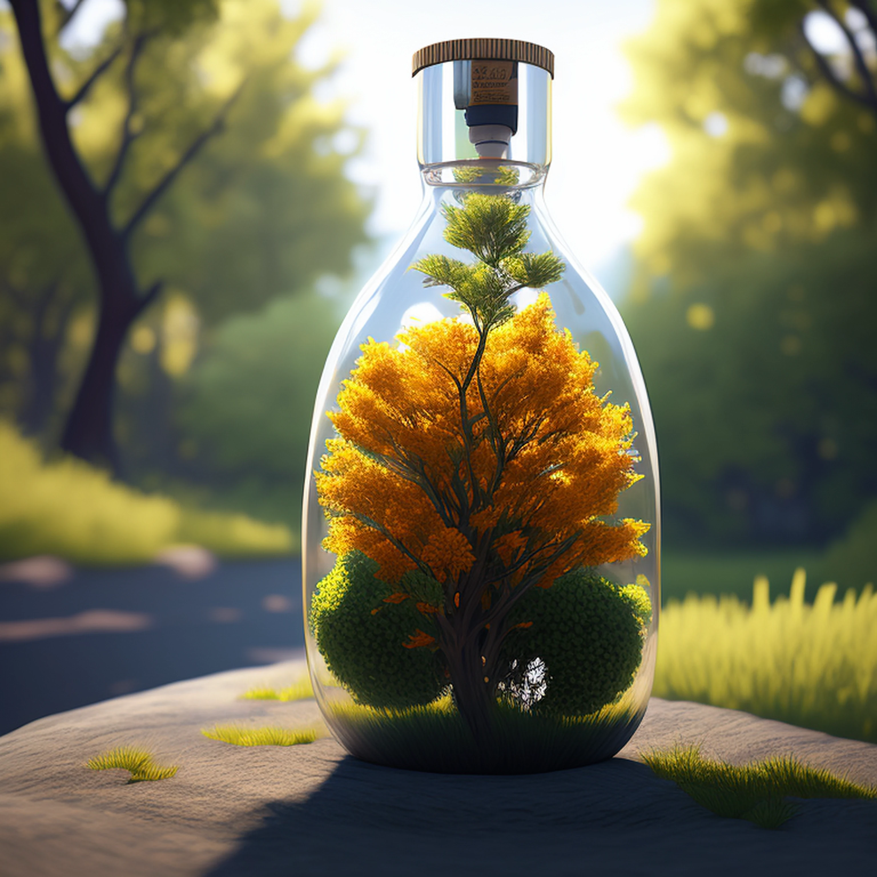 dreamlikeart tree in a bottle, fluffy, realistic, photo, canon, dreamlike, art, colorfull leaves and branches with flowers on top of its head. hyperdetailed photorealism by greg rutkowski - h 1024 w 804 | f 1 6 lens mark 2:2 s 3555 mm film grain :1 lifelike high res sharp focus contrast!! intricate detailed atmospheric light refraction lighting unreal engine 5 cinematic concept photography masterpiece octane render trending at cgsociety rendered as