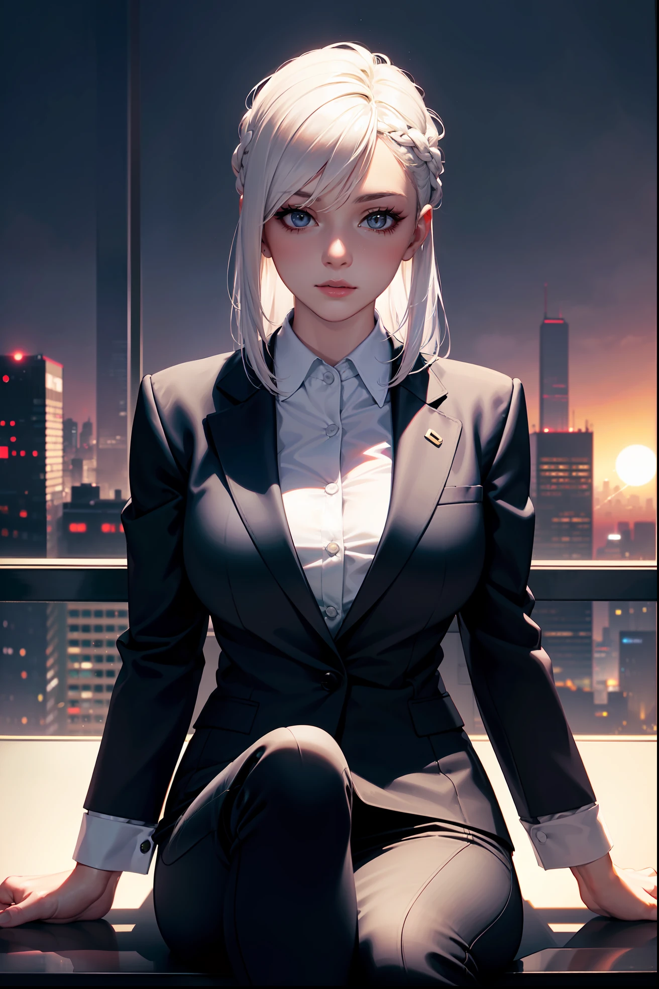 (masterpiece:1.3), (8k, photorealistic, RAW photo, best quality: 1.4), (1girl), beautiful face, (realistic face), Nice hairstyle,Realistic Eyes,Nice detail eyes,(Realistic Skin),Beautiful Skin,Ridiculous,attractive,Ultra high Resolution,an ultra realistic,RAWExtremely detailed,golden proportions,全身写真, Woman wearing business outfit, formal blazer, white blouse, high waist business skirt, beautiful, masterpiece, best quality, perfect lighting, (white hair:1.4), long hair, (grey eyes:1.2), slender build, thin, medium breasts, business woman, ceo, sitting in luxurious black office chair, giant modern window with view of nighttime cyberpunk city skyline in background, close up, night, (cyberpunk city background:1.2), (Hazy sky:1.2), (Dim red sun:1.3)