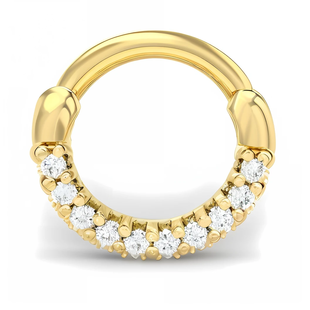 a gold nose ring with a row of white diamonds, nose ring, septum piercing, gold plated, gold gilded circle halo, gilded gold and diamonds, with sparkling gems on top, piercings collar, gold hoop earings, realistic gold, gold earring, gold jewelry, gold jewerly, gold rings, gold ornate jewely, 16k 3d