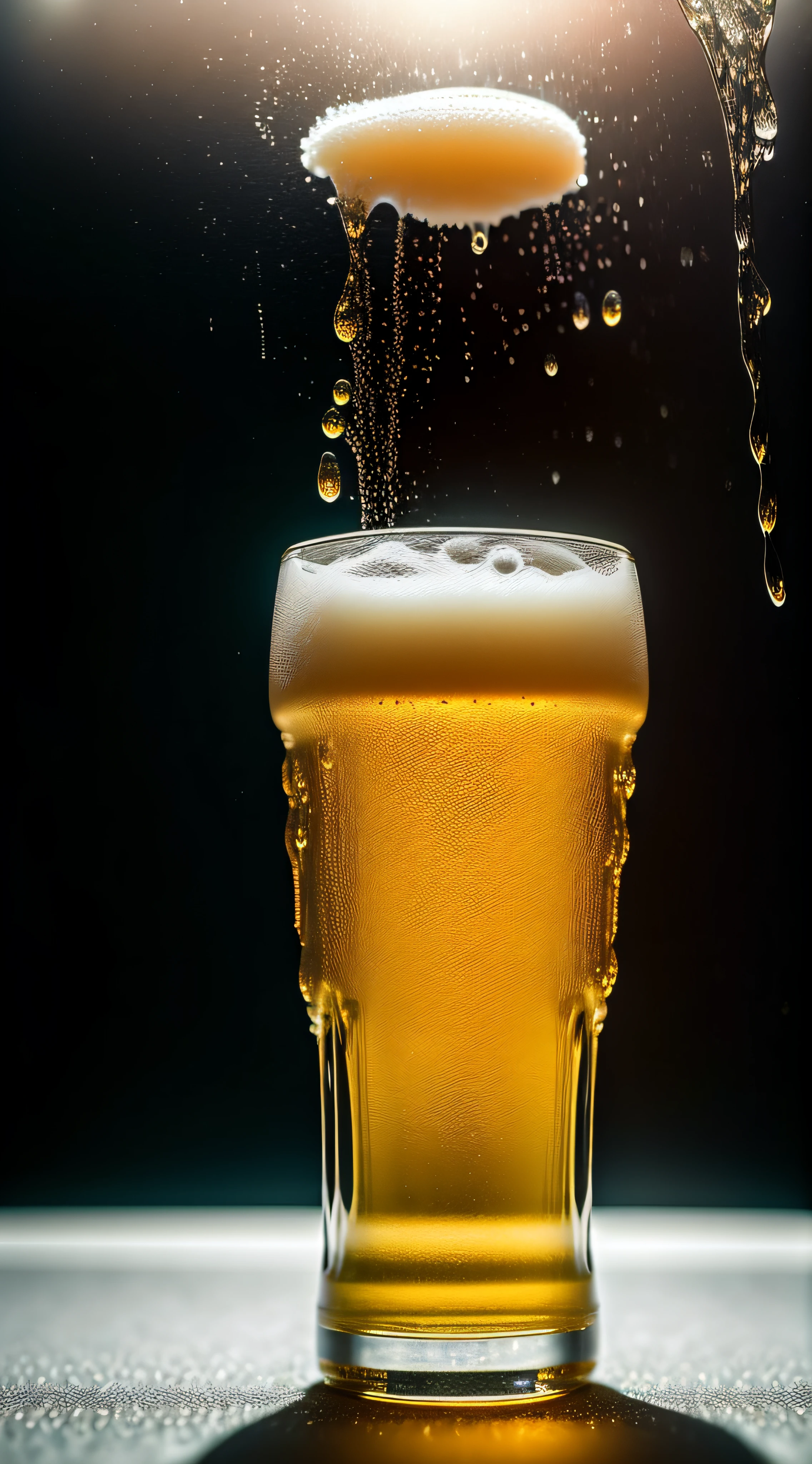 Close-up photo of a glass pouring beer, foaming, only the glass, nothing more, lots of white foam, foam explosion, cold beer, glass with bubbles due to cold, only the glass, yellow beer, translucent high glass, elegant glass, white background, suspended in the air, high brightness, wet watermarks, excessive details, surrealism, soft light, studio lighting,  diffuse soft light, shallow depth of field, sharp focus, bokeke effect, complex soft light, diffuse soft light, highly detailed glass reflection, ultrathin (ultrathin), ultra-thin) (thin, ultra-detailed), cinematic, surrealism
