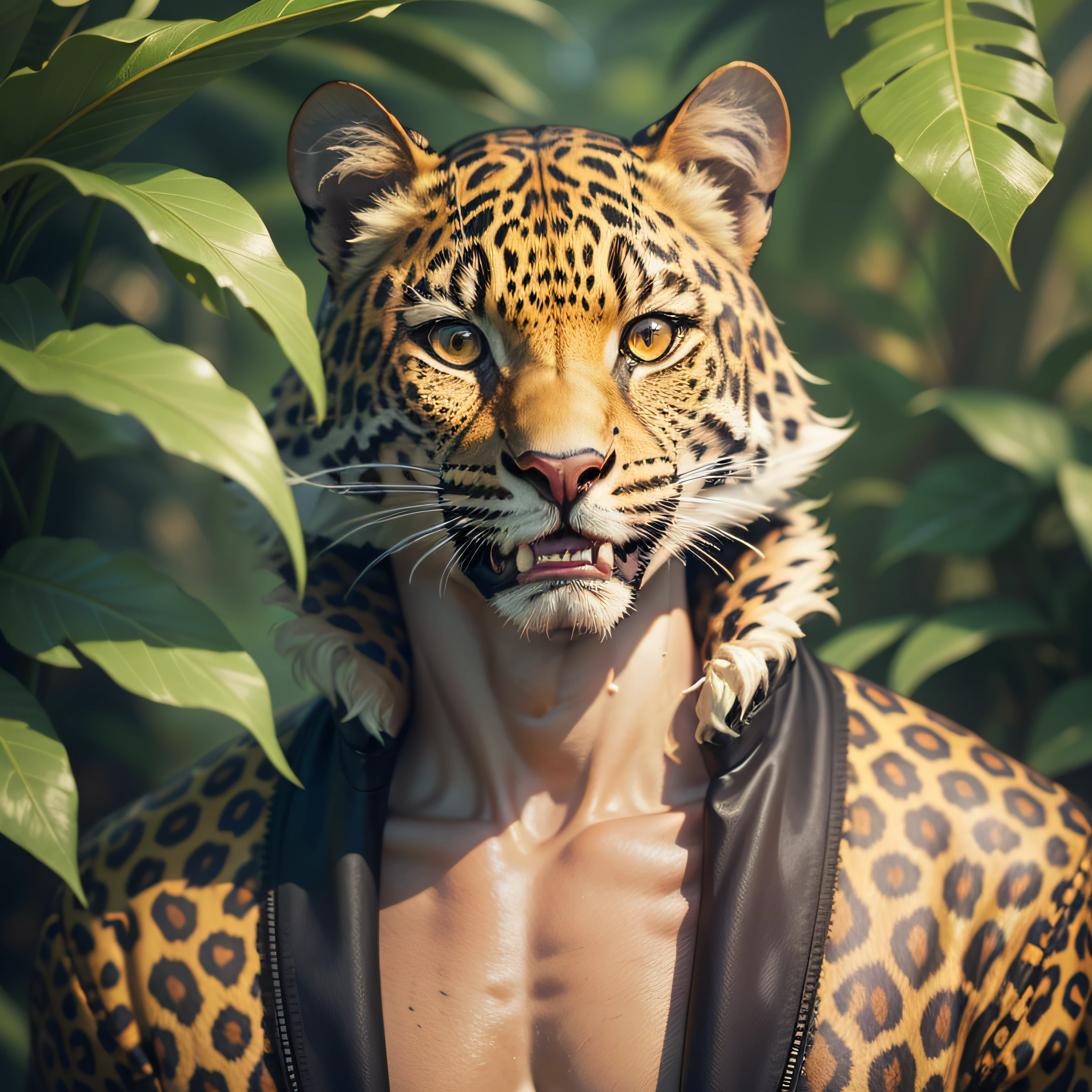 Anthropomorphic leopard with vampire teeth, mutant in cinematic jungle background