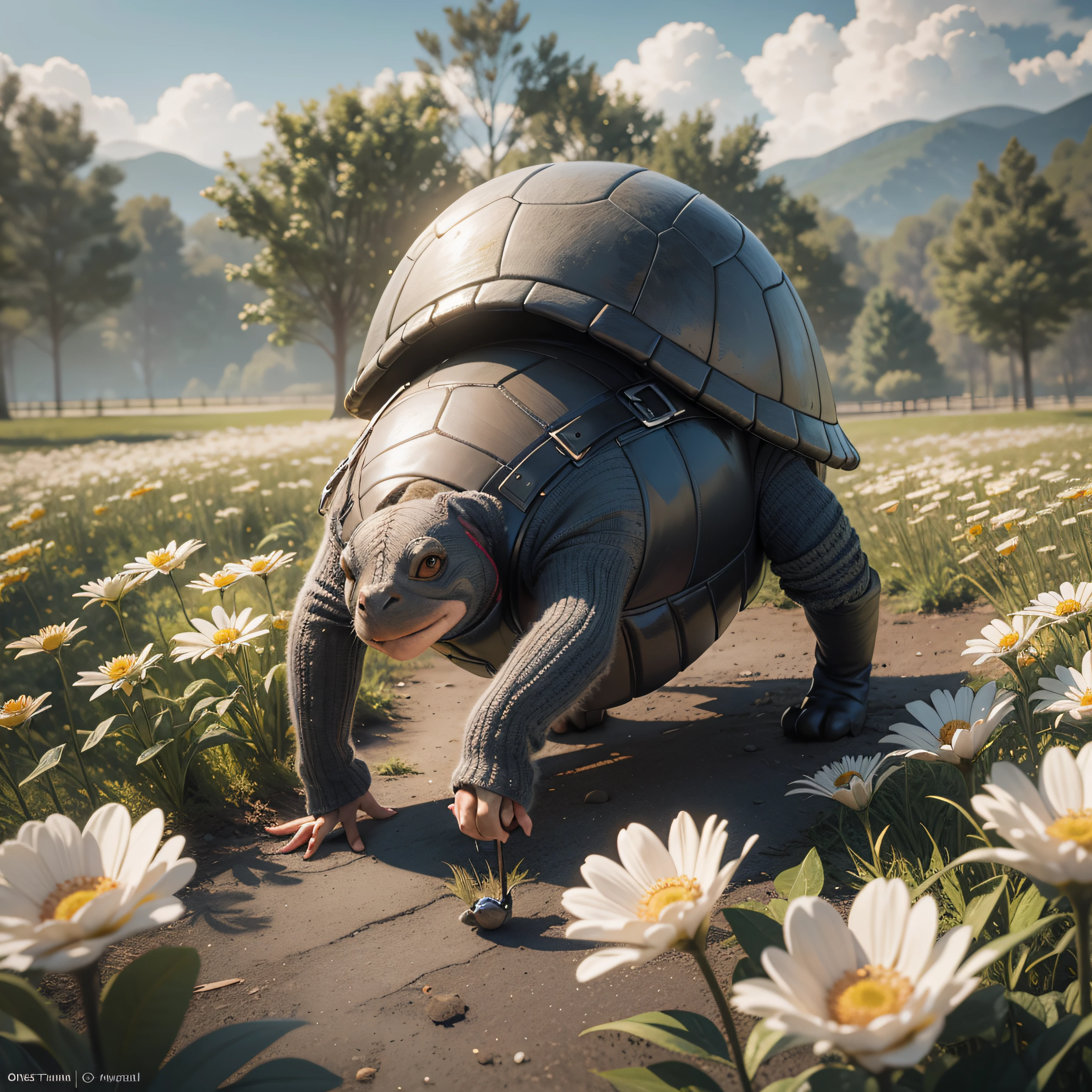 A knitted turtle walks among knitted flowers under cotton clouds, 3D, full-frame, cinematic 4D rendering, texture relief quality, digital painting, rich 3D rendering, hyperrealistic painting, artstation landscape, concept art, smooth, sharp focus, illustration, artstation trending, octane render, unreal engine