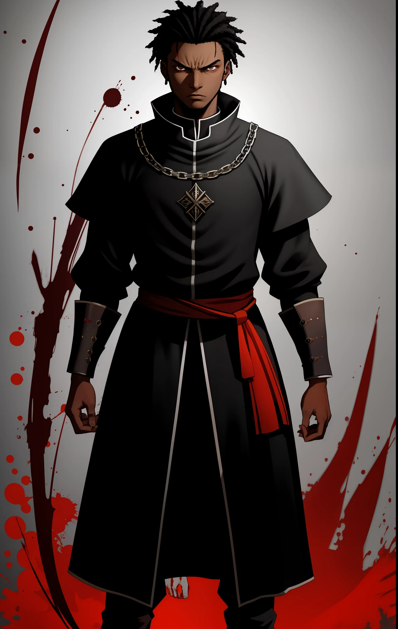 Young black man, with bloodstained hands, medieval hunter's clothing, angry look, black hair, dark aura