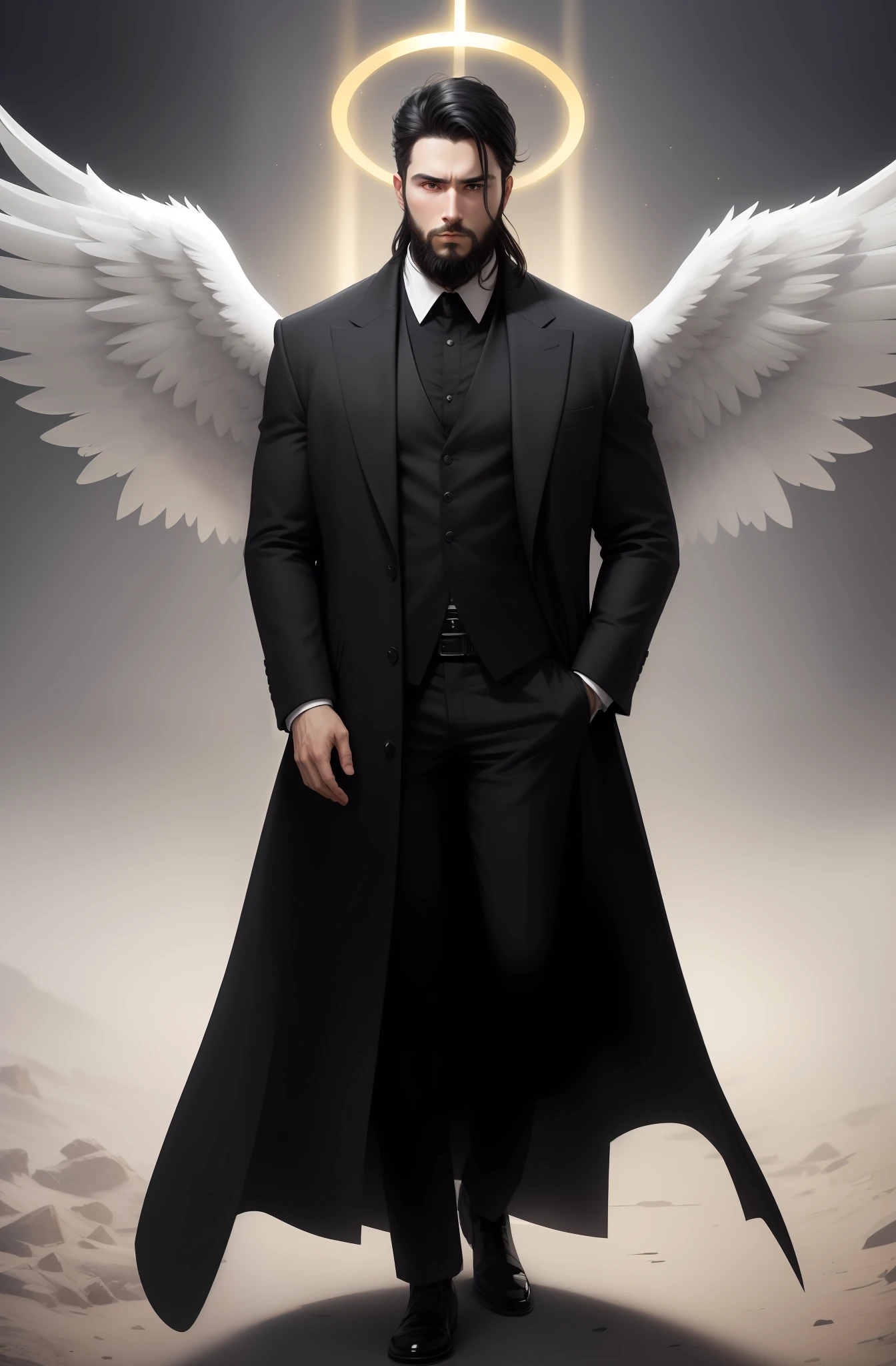 Archangel, man, 30 years old, white skin, with large wings, wearing a black overcoat, in one hand a golden halo, ultra realistic HD full body image, short black hair, face with beard to do very light, tired face.