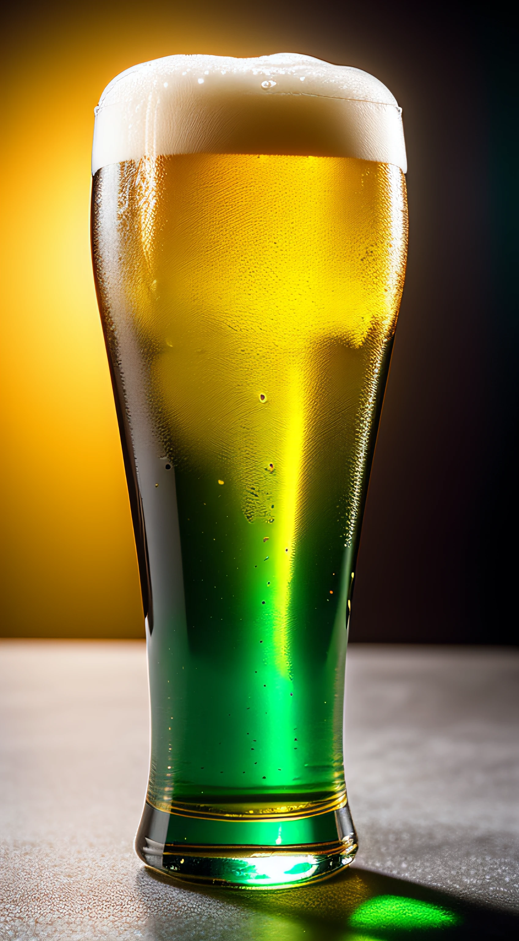 A glass pouring beer, foaming, only the glass, nothing more, lots of white foam, foam explosion, drops explosion, cold beer, glass with bubbles due to cold, only the glass, yellow beer, translucent high glass, white background, suspended in the air, high brightness, wet watermarks, excessive details, surrealism, soft light, studio lighting, diffused soft light, shallow depth of field, sharp focus