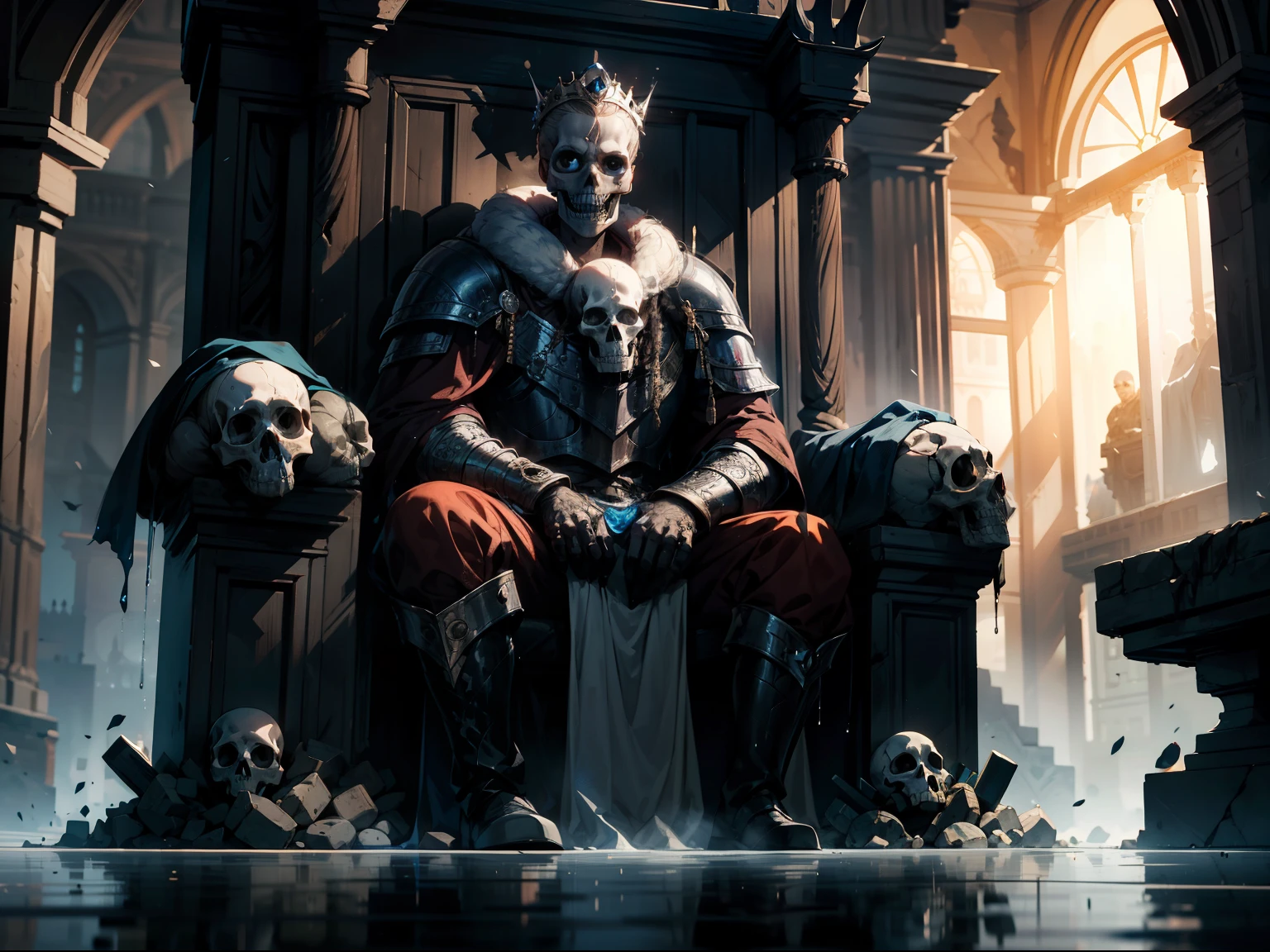 a necromancer with skull mark next to a throne, the throne is a very damp place full of puddles and leaks, real, shadow soldiers around, intimidating, ornate armor, royal crown, blurry background, skull, natural lighting, short hair twintails, Looking_at_viewer, solo, highly detailed 8k, (lights: blue:0.5), dark souls,